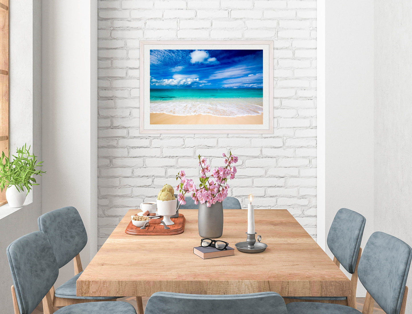 White Sand Beach - Evening on the Pond - Framed Photo - White on Dining Room Room Wall
