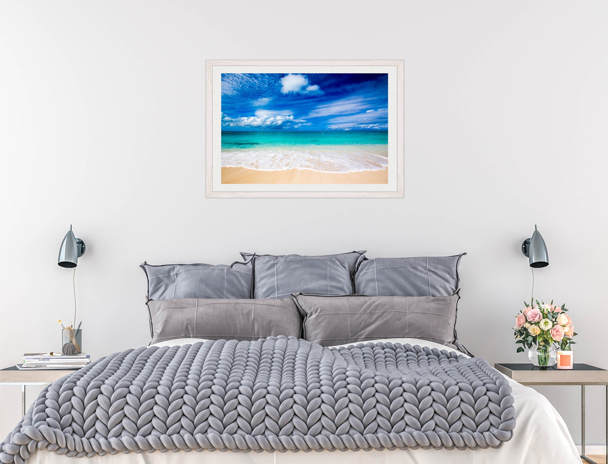 White Sand Beach - Evening on the Pond - Framed Photo - White on Bedroom Wall