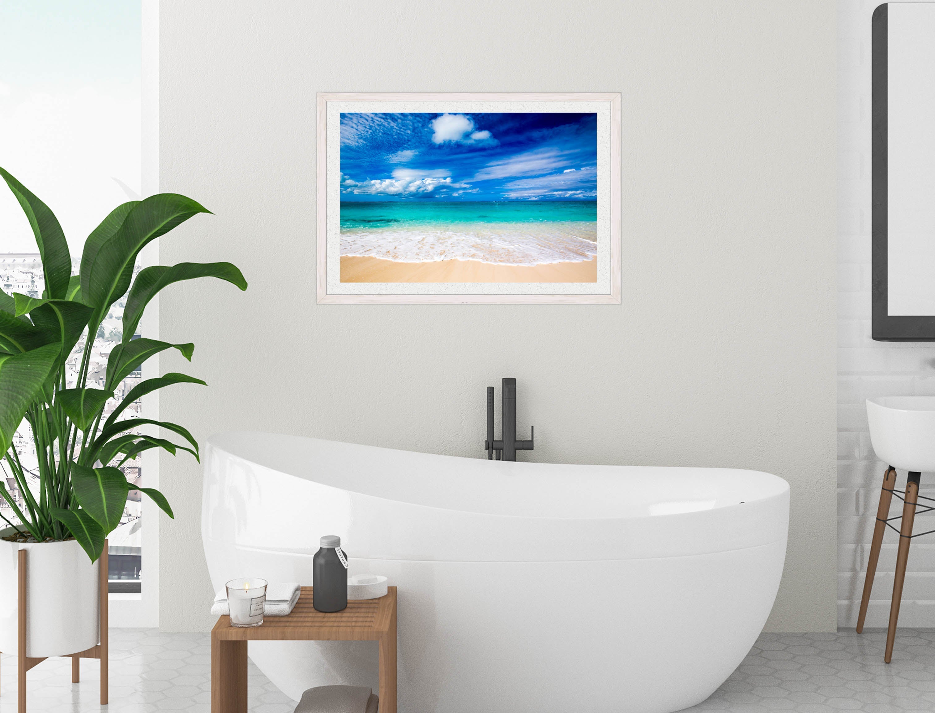 White Sand Beach - Evening on the Pond - Framed Photo - White Frame on Bathroom Wall