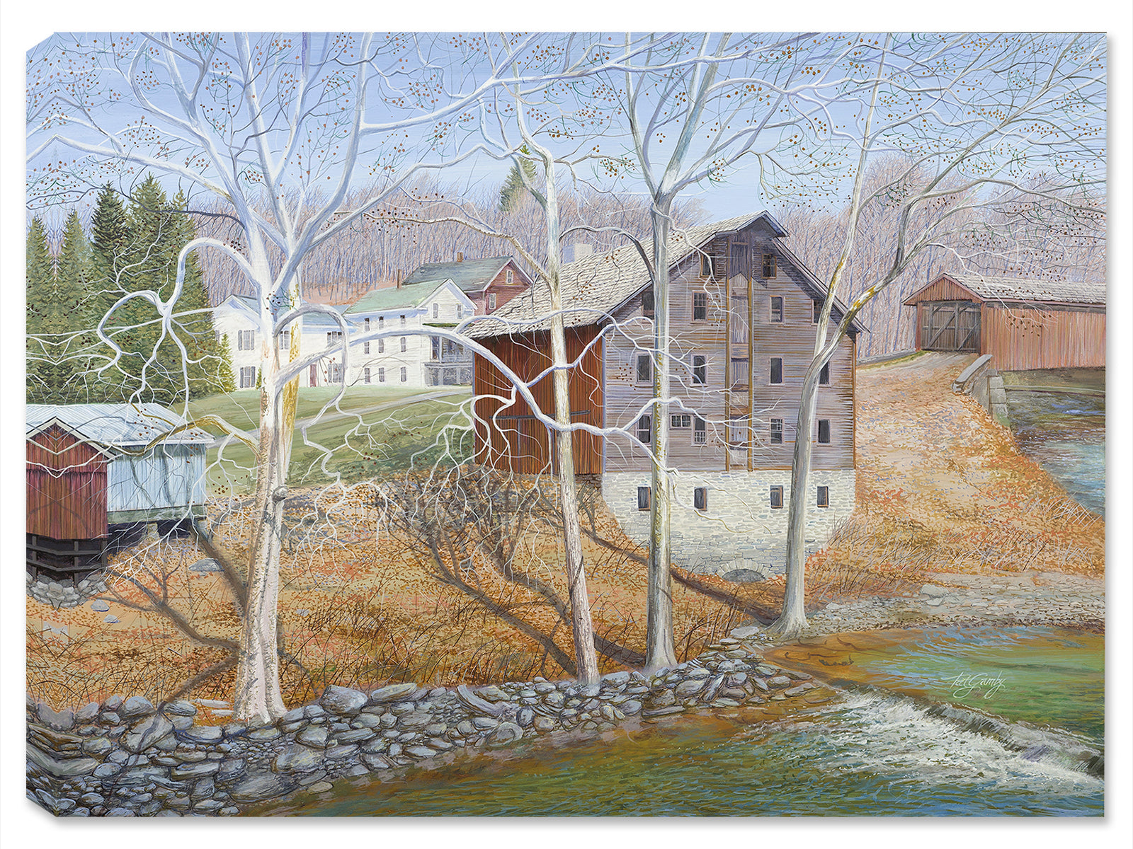 Artistic depiction of a village scene with houses and trees, in a rural setting.