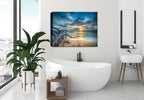 Photo of a large driftwood on the beach with a a sunset - printed on Canvas - Hanging on Bathroom  Wall