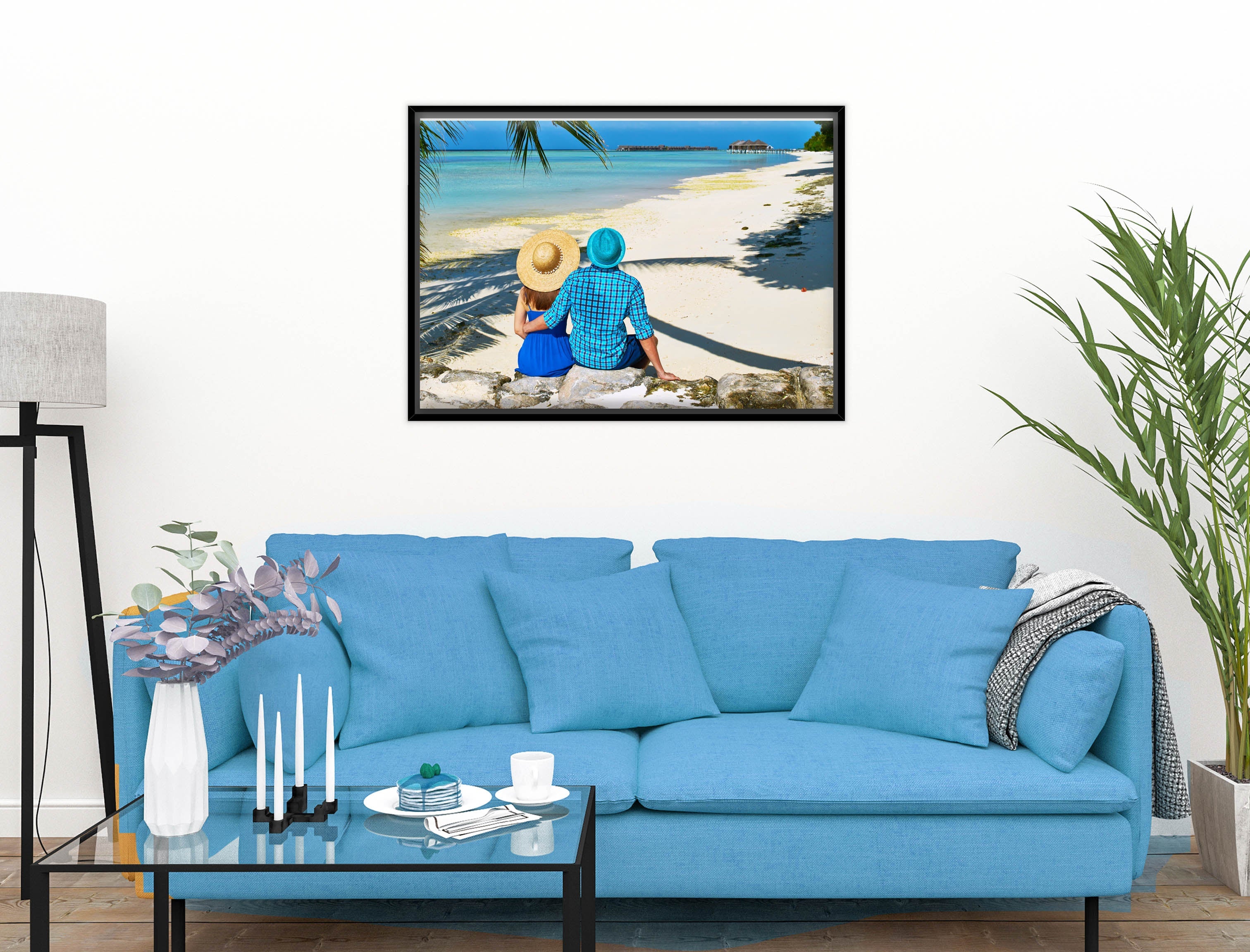 Lovers on Tropical Beach  -Canvas Wrap - Black Frame on Living Room Wall-2