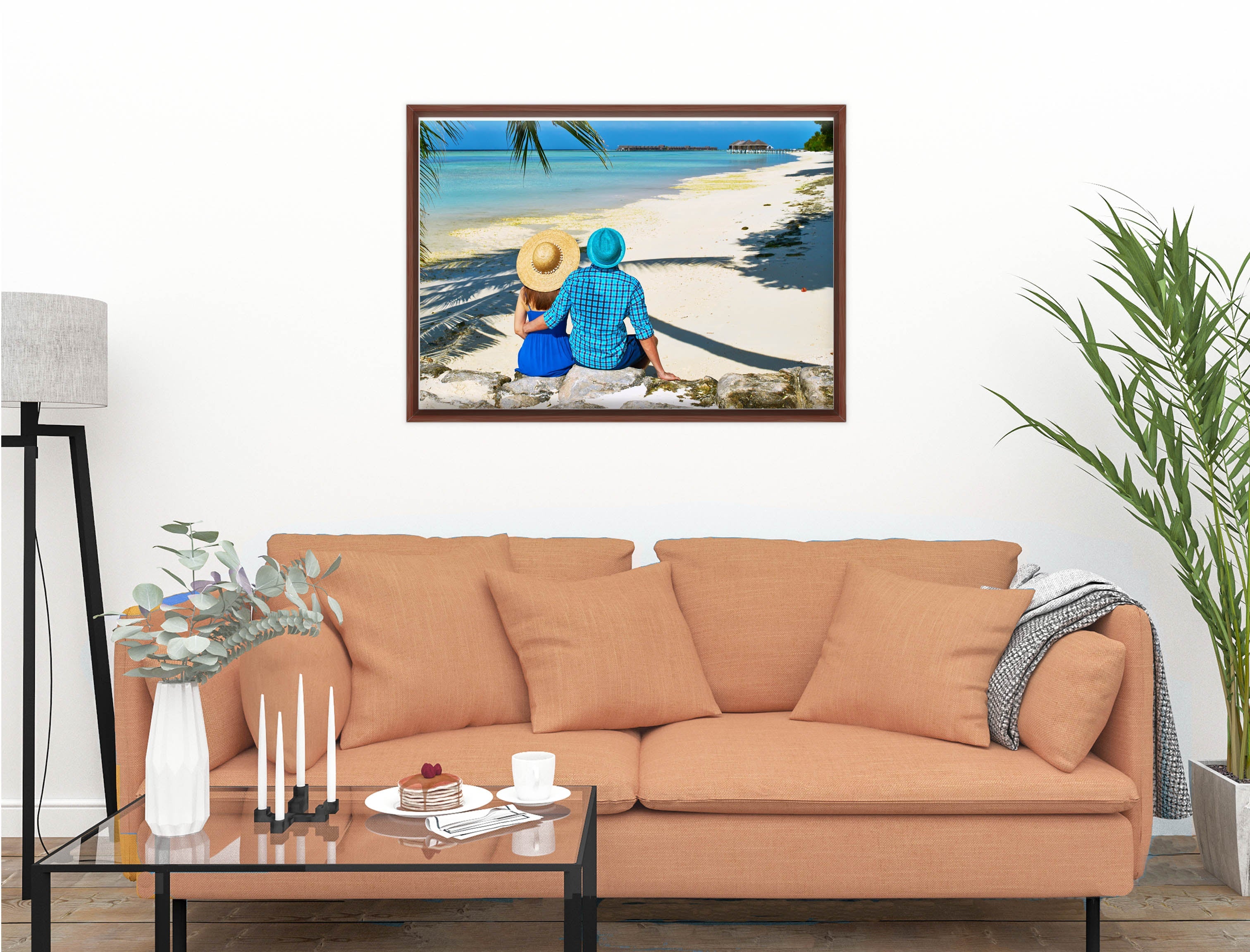 Lovers on Tropical Beach  -Canvas Wrap - Mahogany Frame on Living Room Wall-1