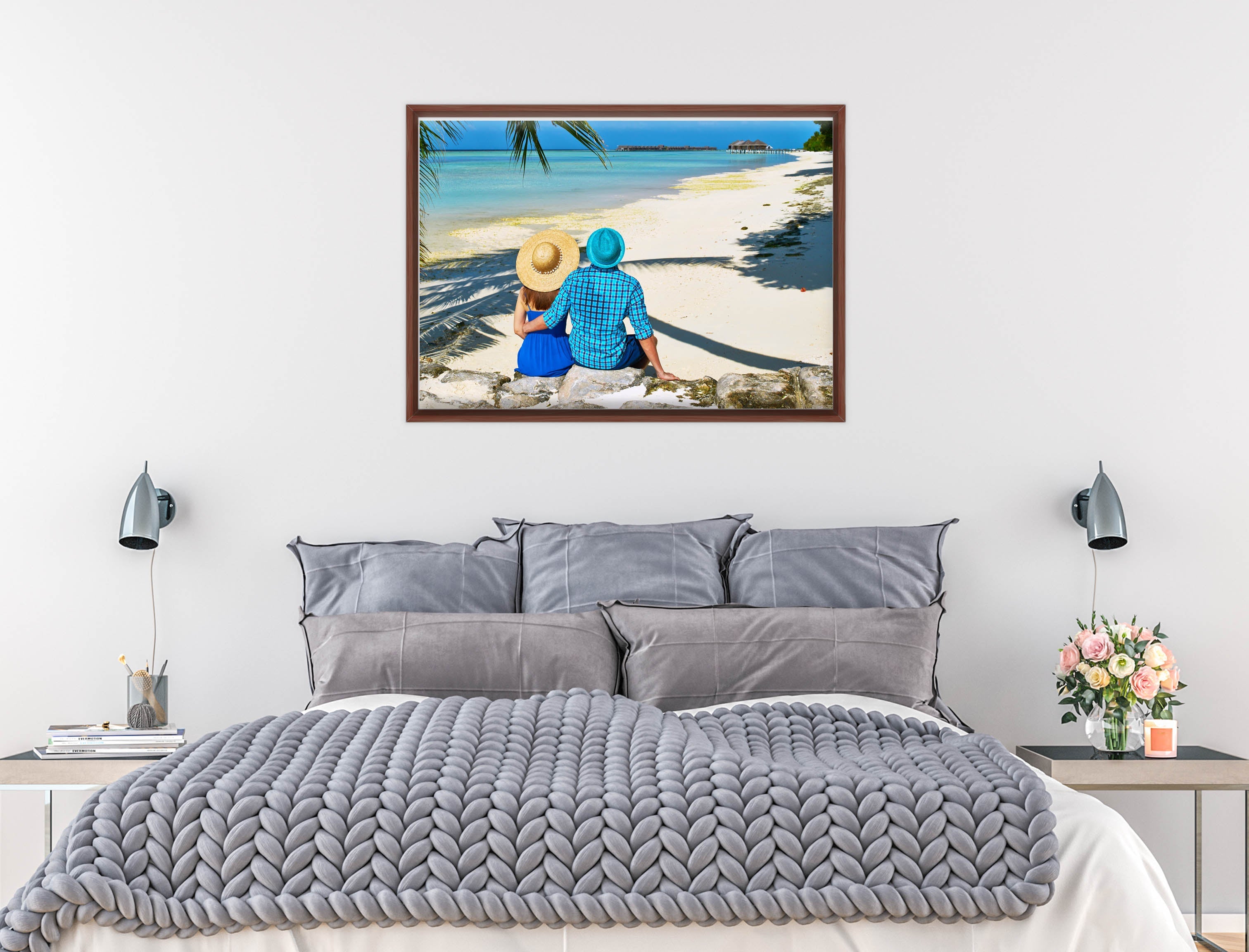 Lovers on Tropical Beach  -Canvas Wrap - Mahogany Frame on Bedroom Wall