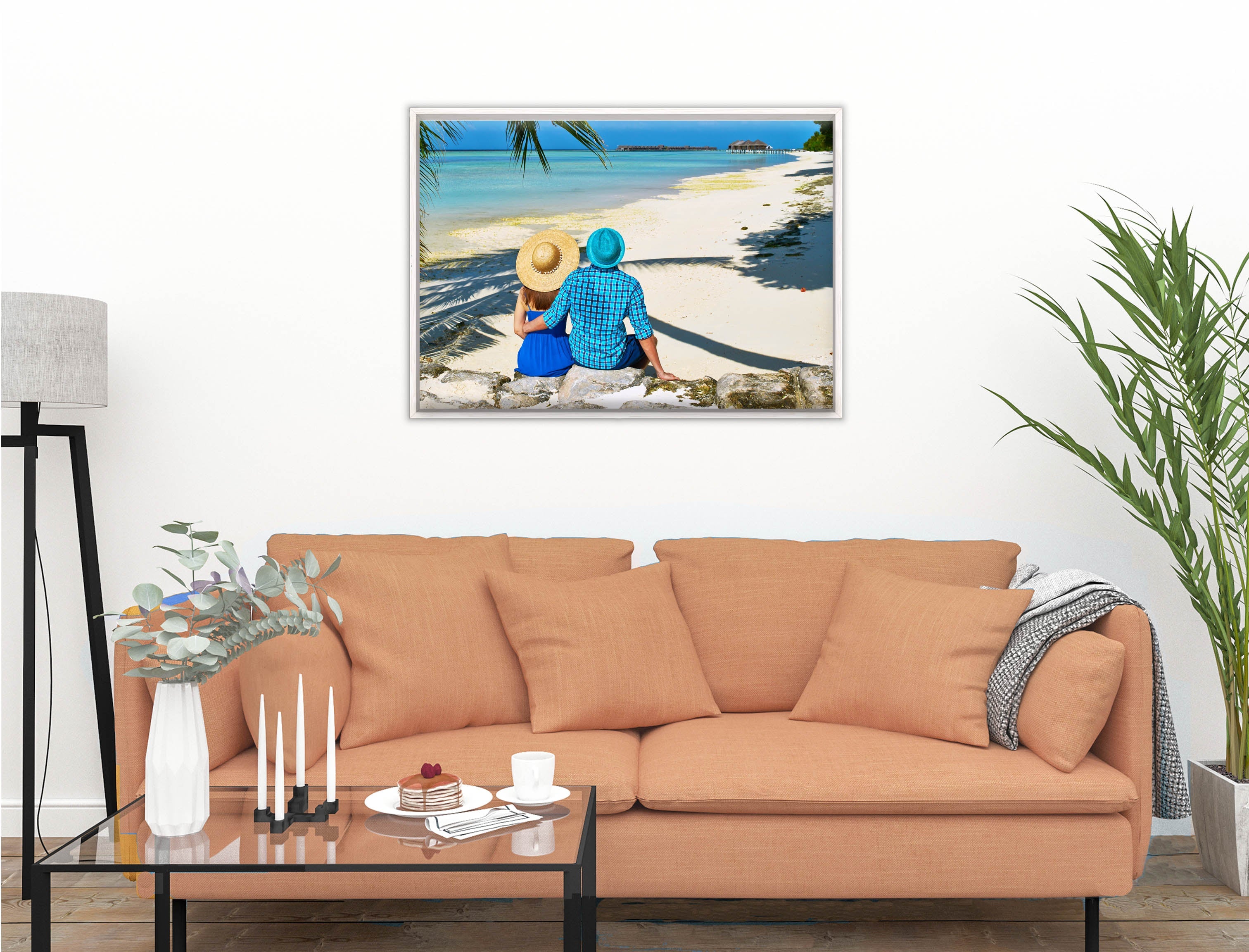 Lovers on Tropical Beach  -Canvas Wrap - White Frame on Living Room Wall-1