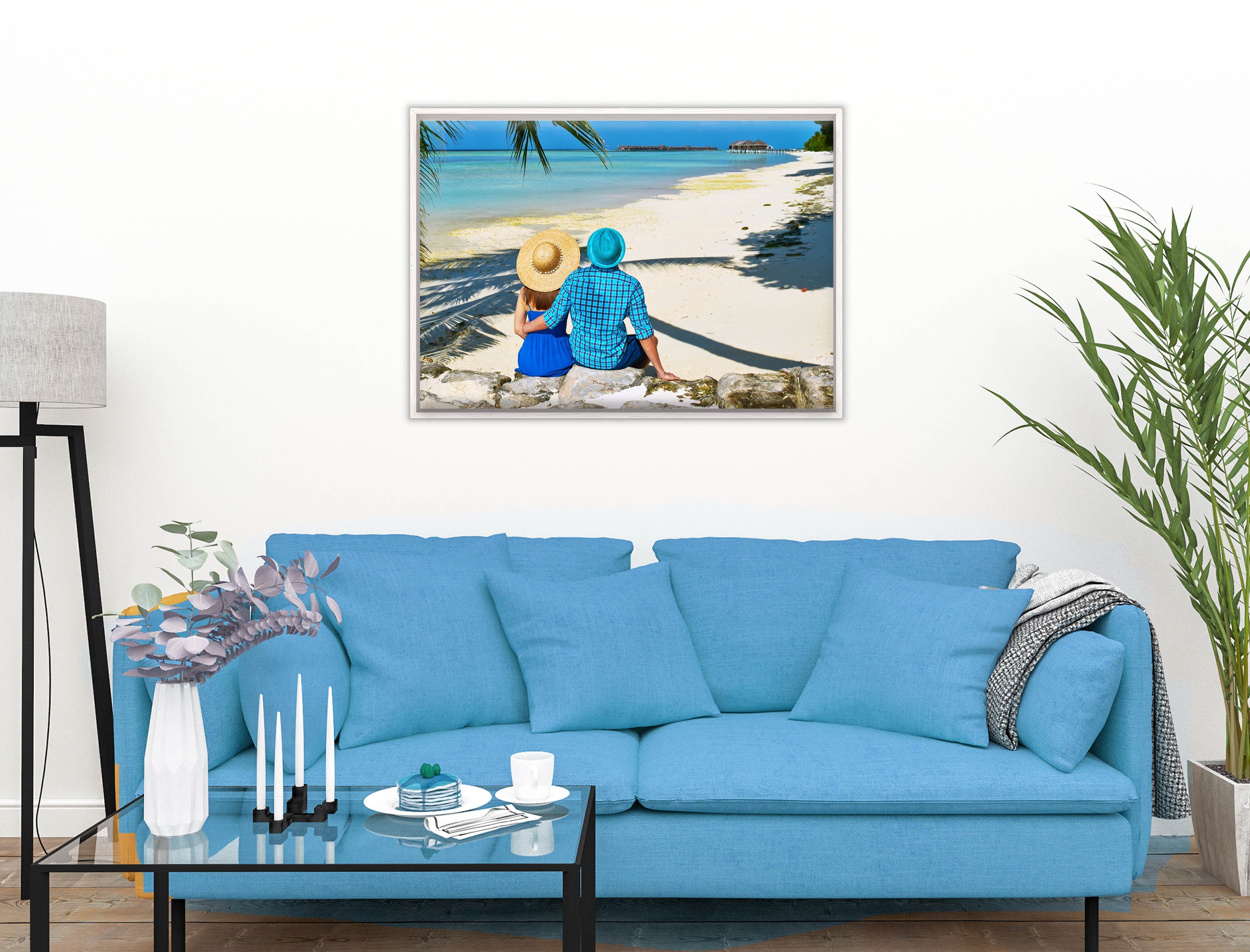 Lovers on Tropical Beach  -Canvas Wrap - White Frame on Living Room Wall-2
