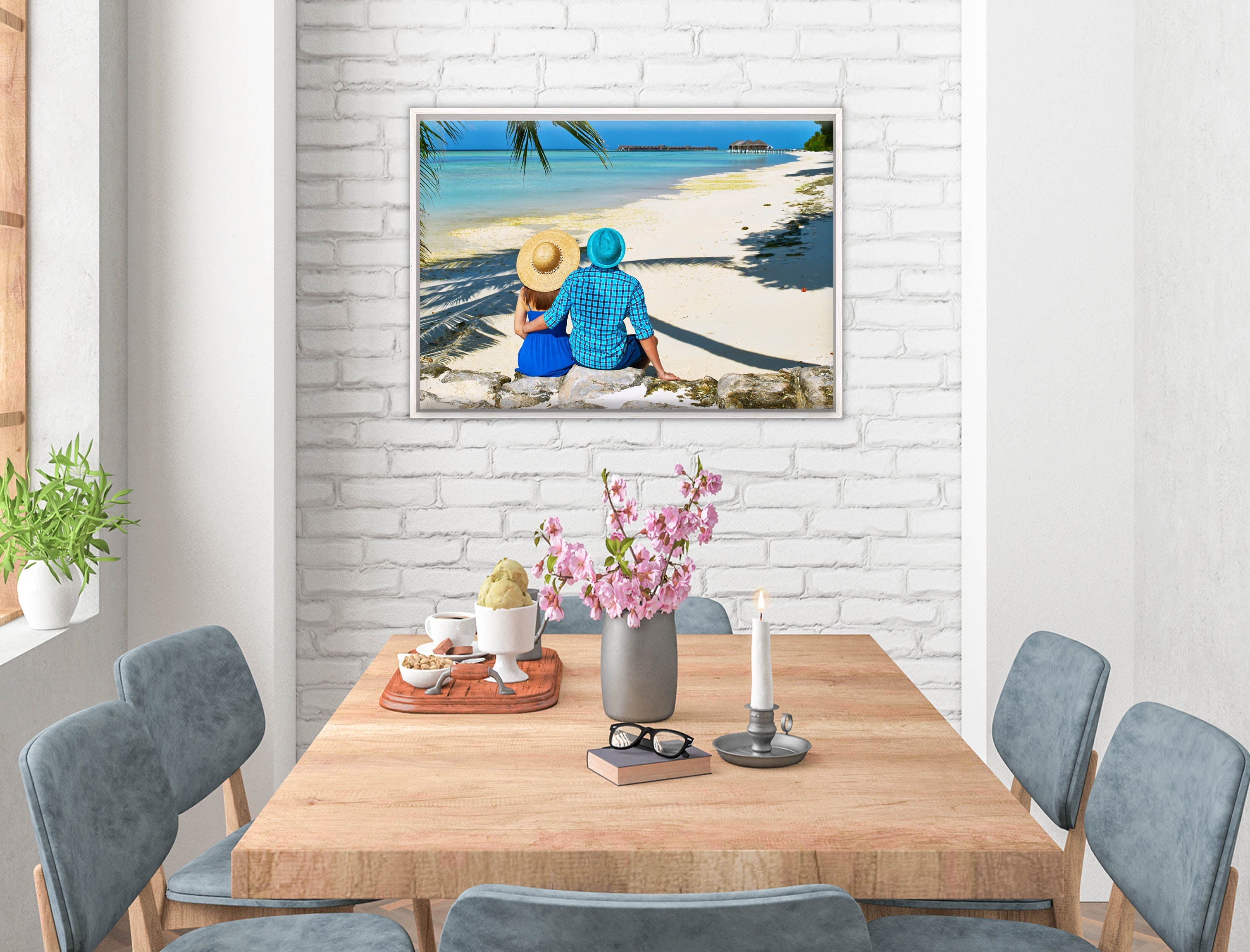 Lovers on Tropical Beach  -Canvas Wrap - White Frame on Dining Room Room Wall