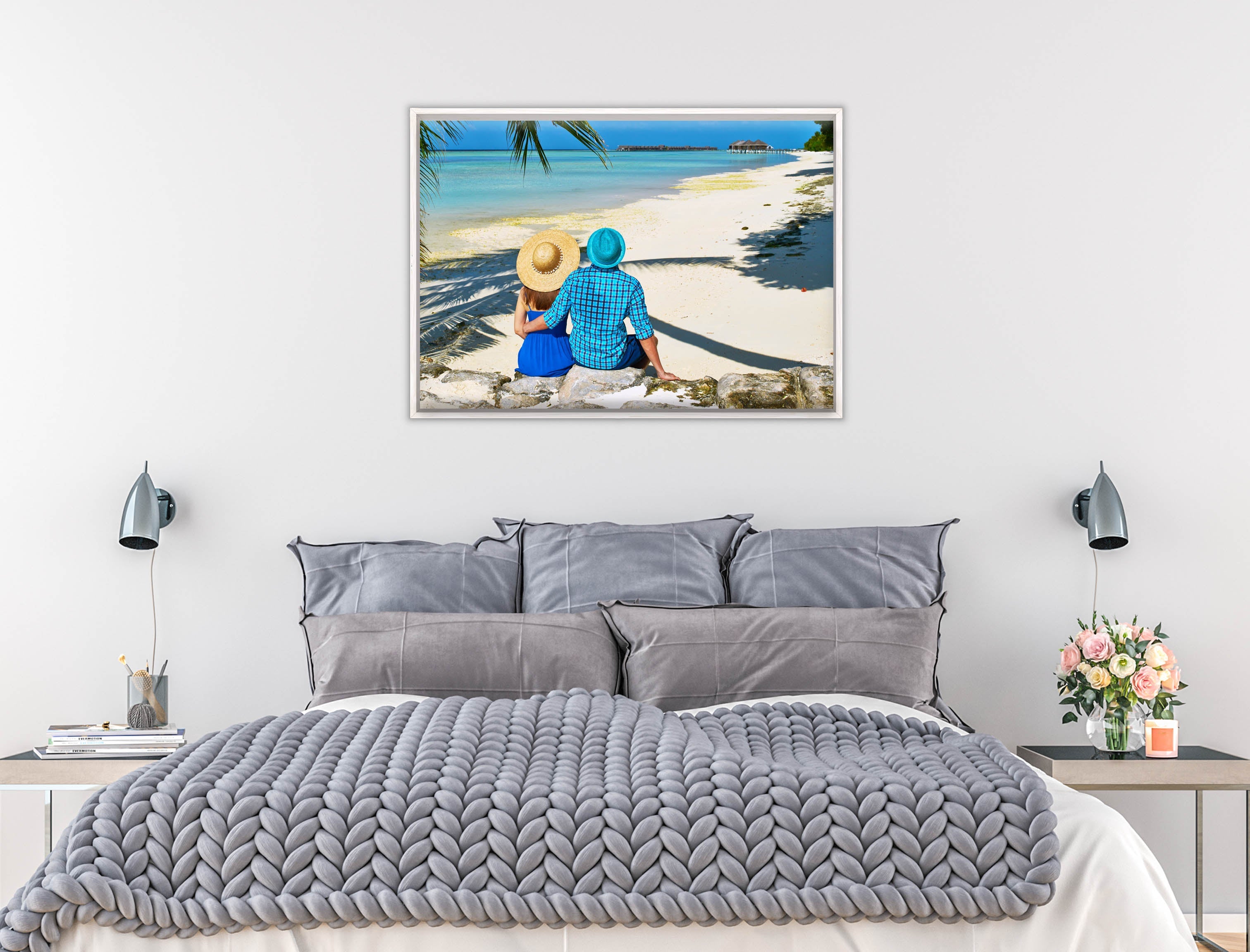 Lovers on Tropical Beach  -Canvas Wrap - White Frame on Bedroom Wall