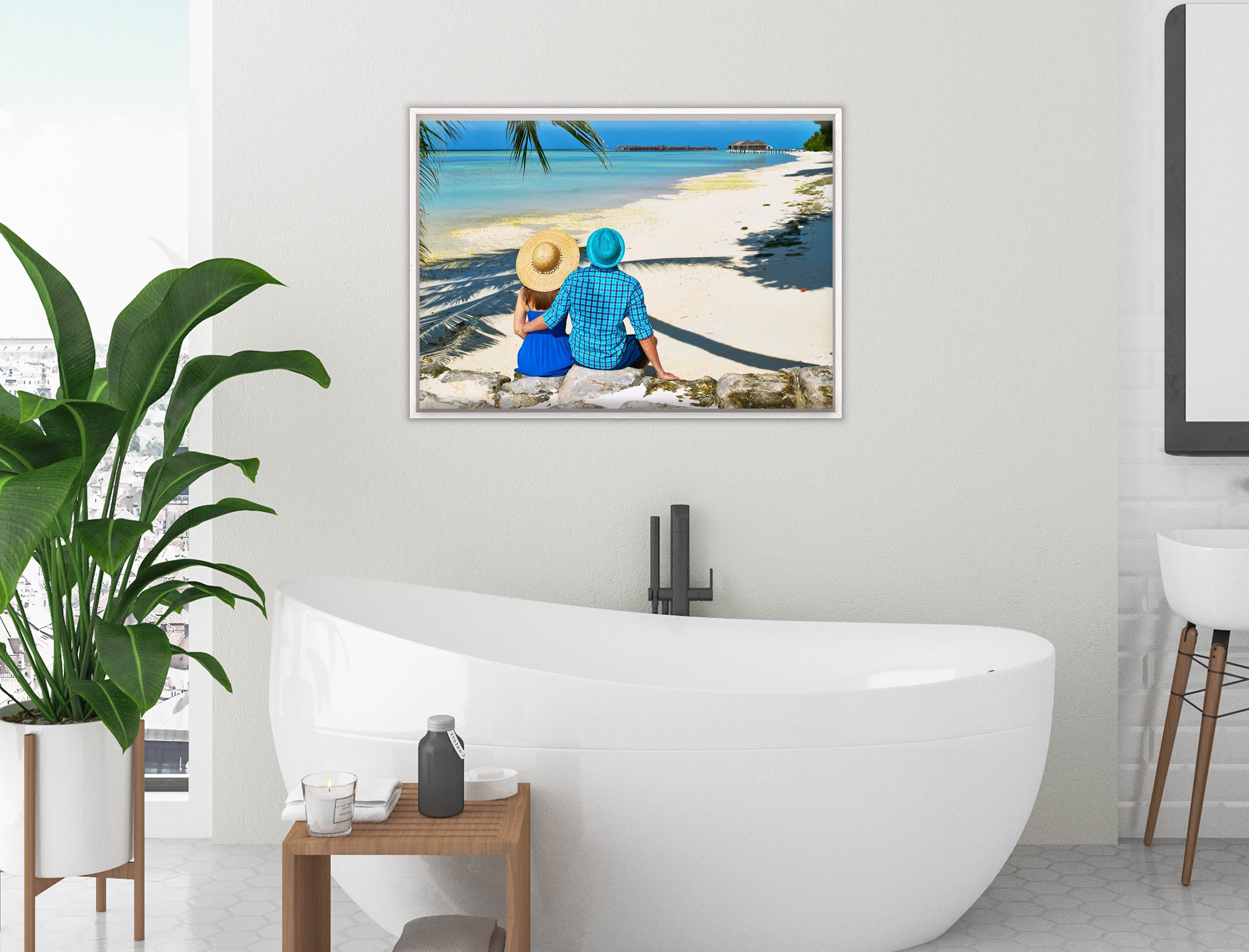 Lovers on Tropical Beach  -Canvas Wrap - White Frame on Bathroom Wall