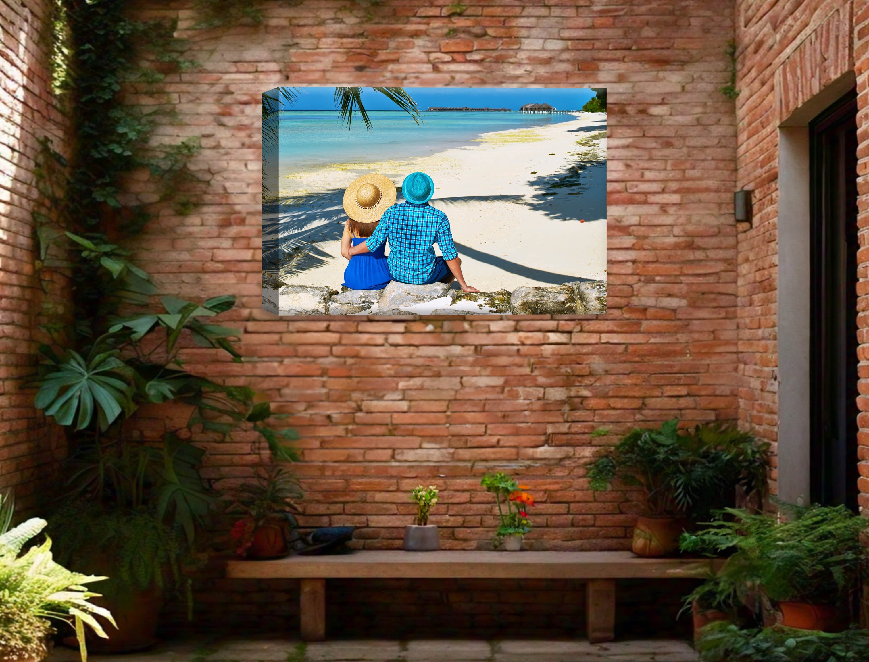 Lovers on Tropical Beach  -Canvas Wrap - Waterproof on Patio 3 Wall