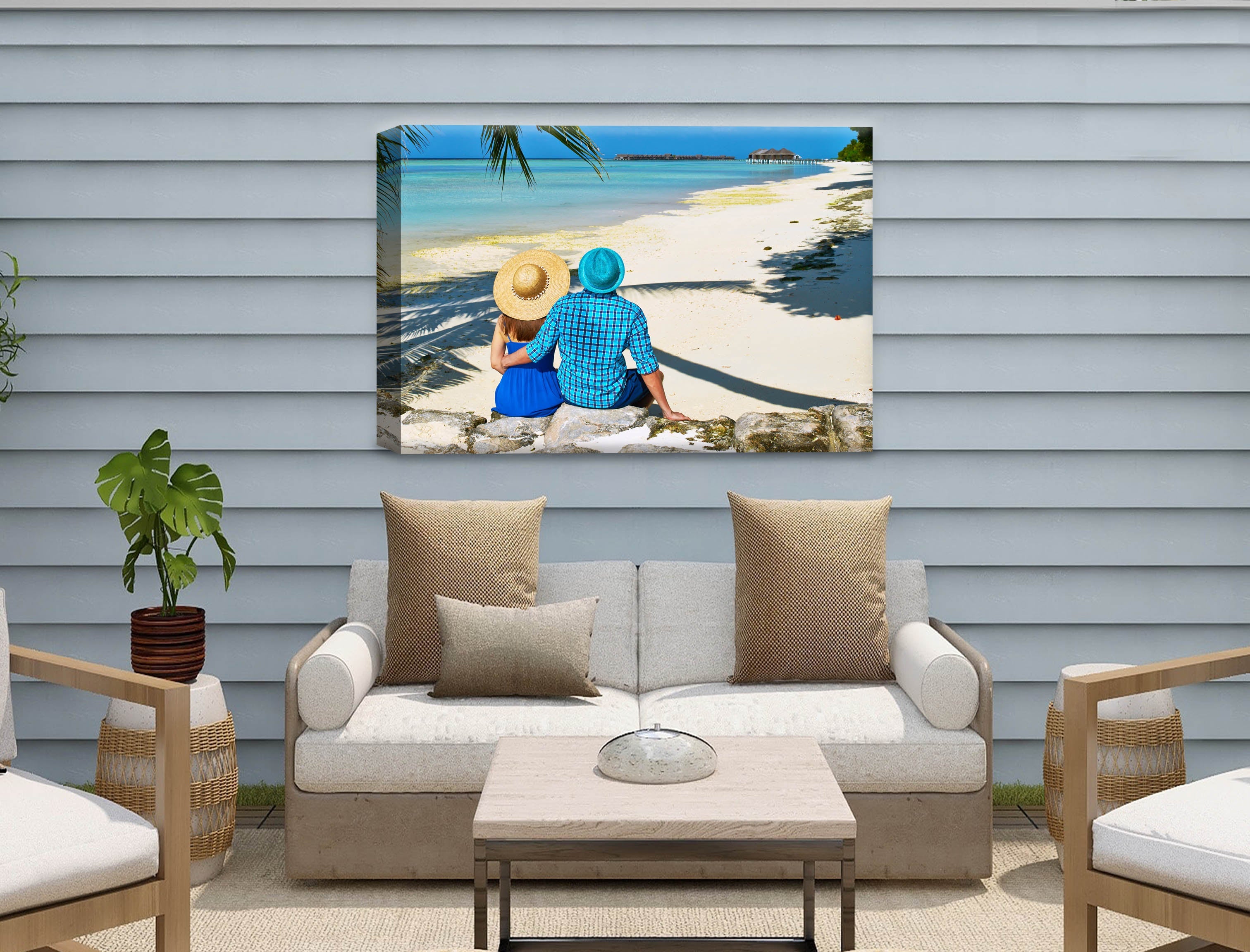 Lovers on Tropical Beach  -Canvas Wrap - Waterproof on Patio 1 Wall