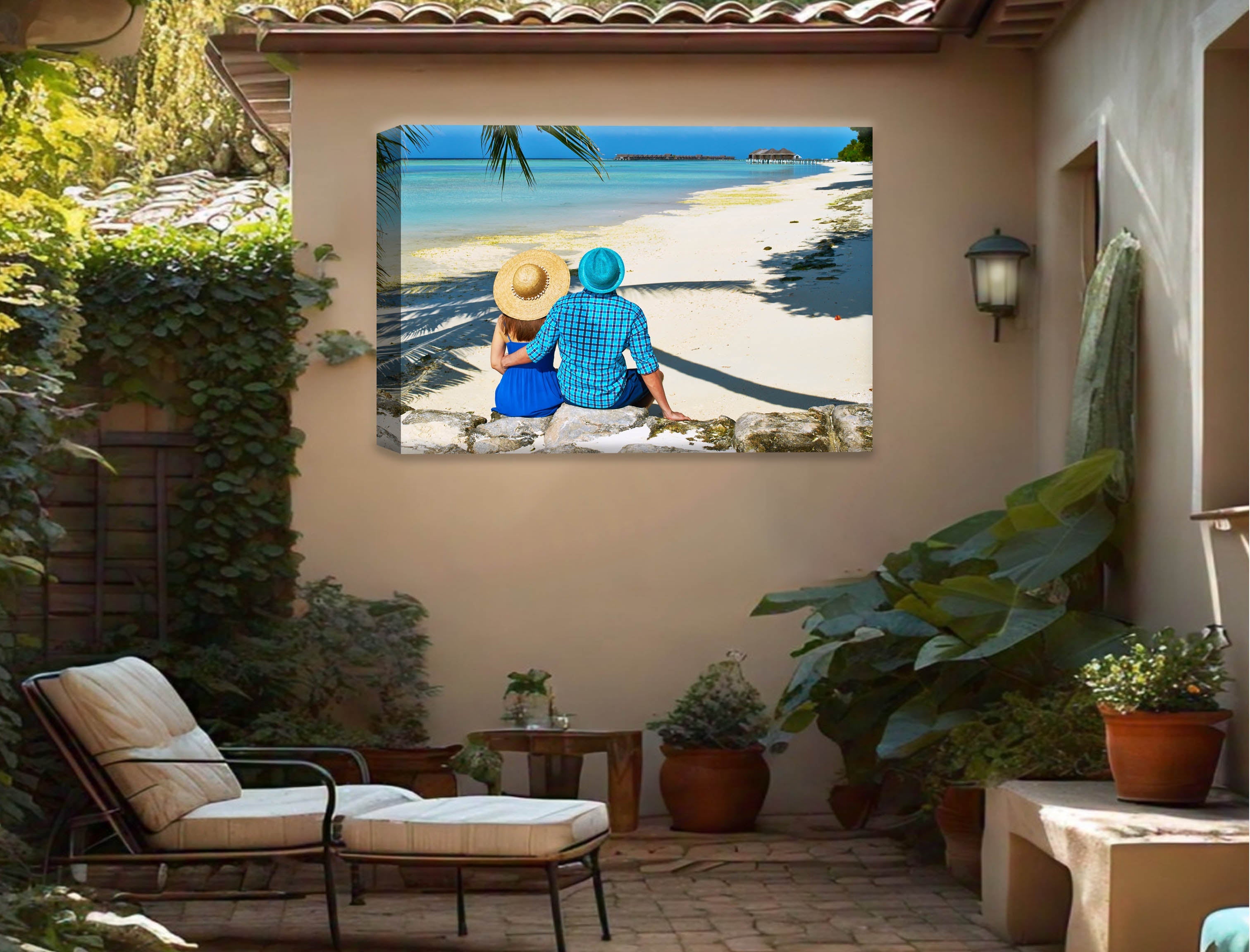 Lovers on Tropical Beach  -Canvas Wrap - Waterproof on Patio 4 Wall