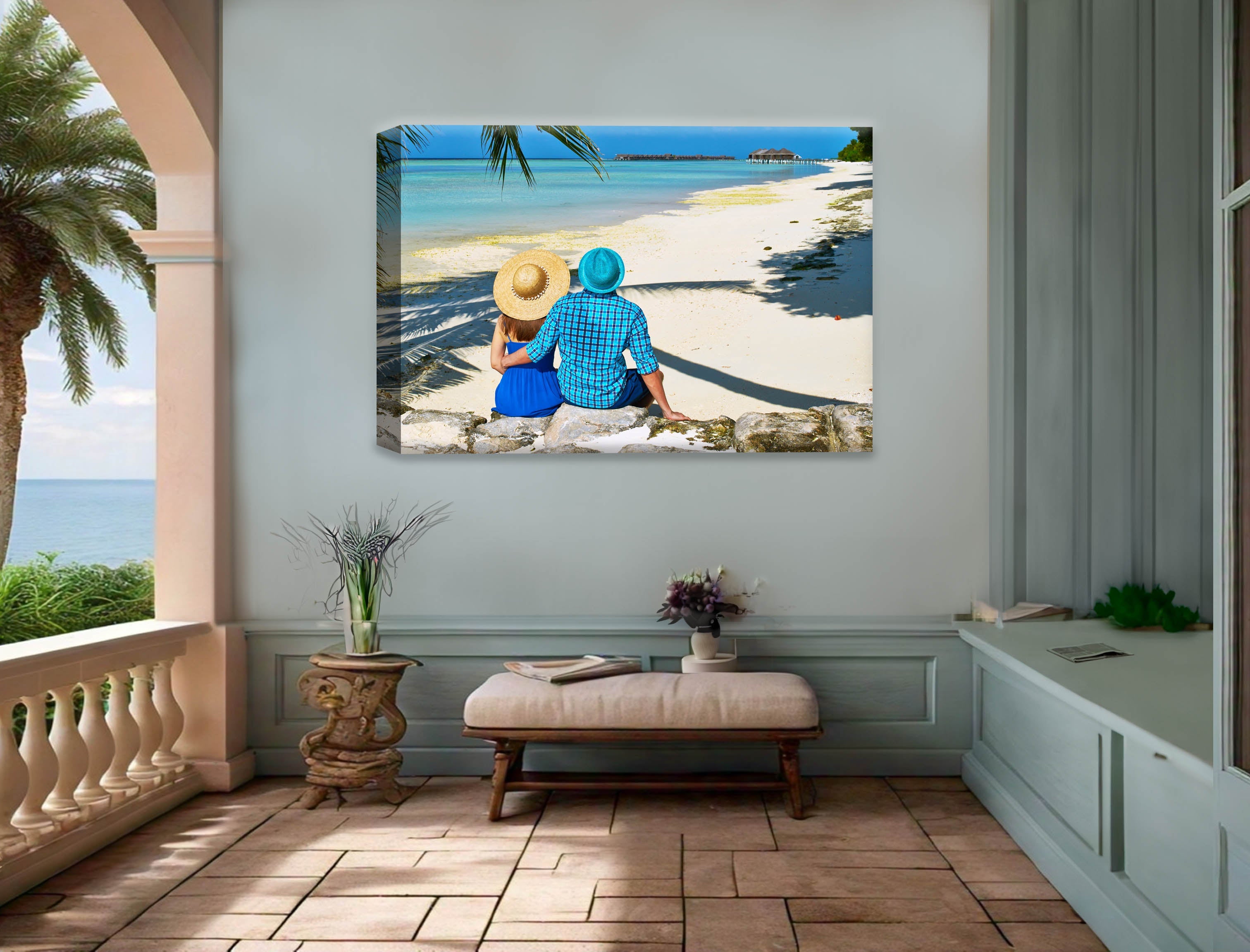 Lovers on Tropical Beach  -Canvas Wrap - Waterproof on Patio 5 Wall