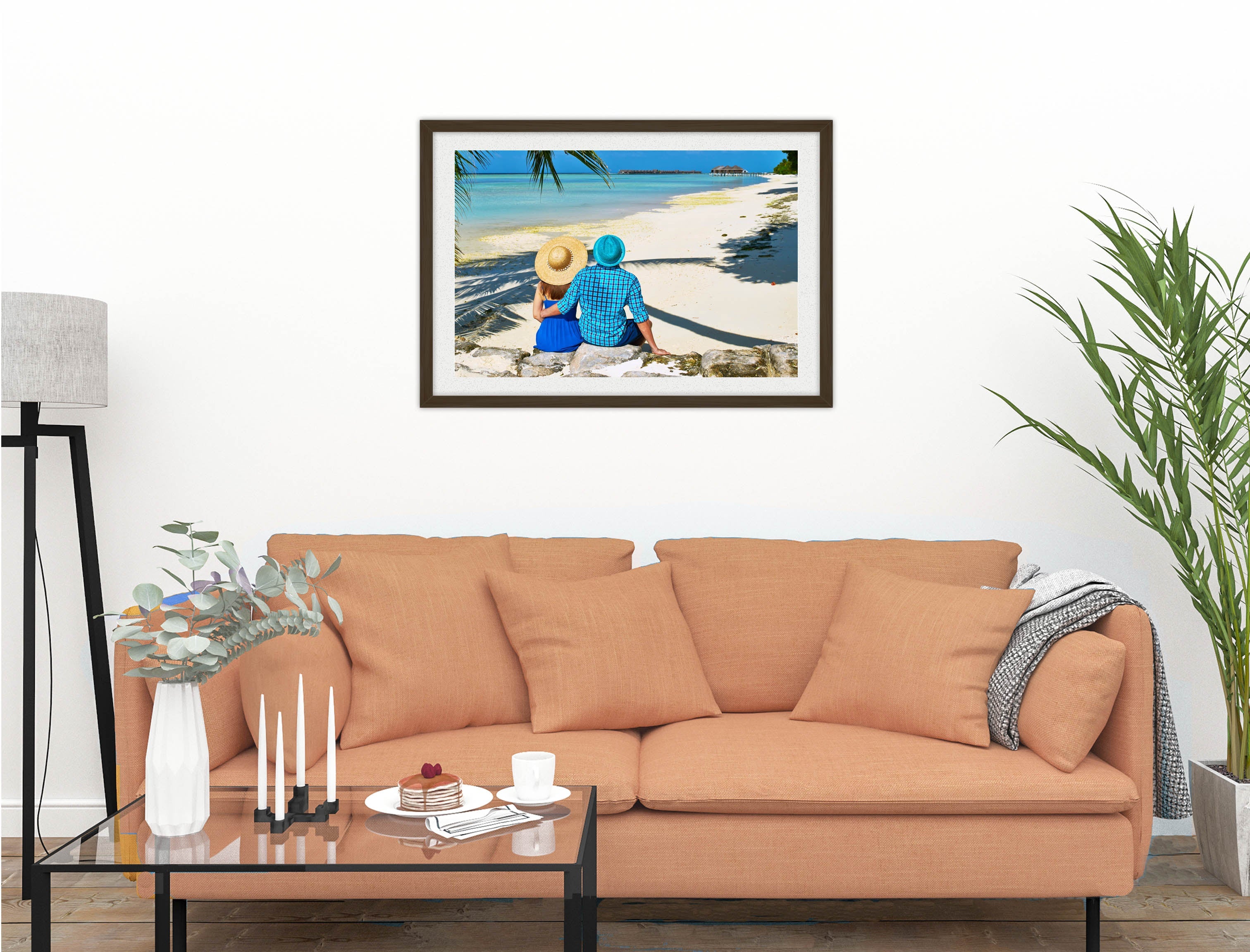 Lovers on Tropical Beach  -Framed Photo - Black on Living Room1 Wall-1