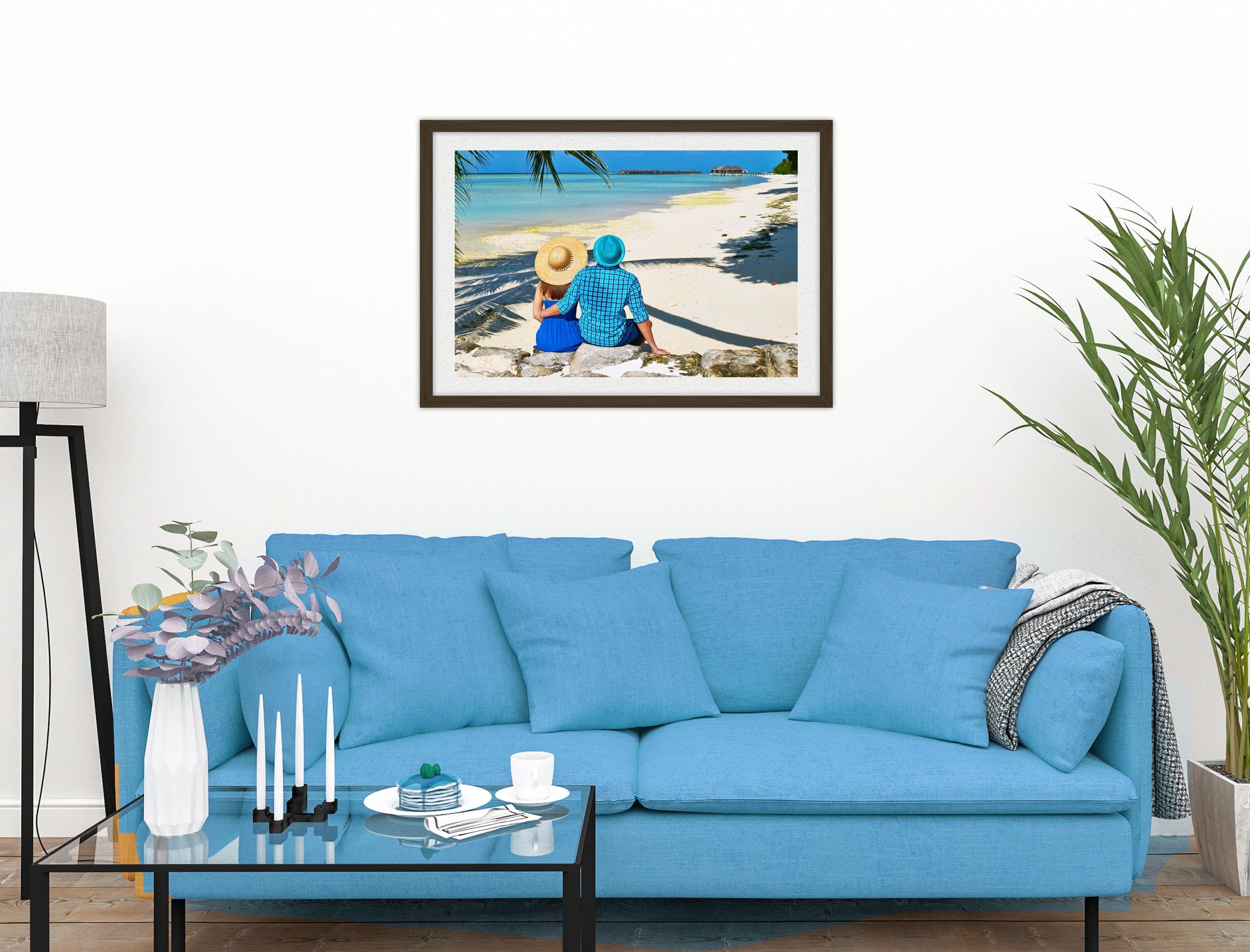 Lovers on Tropical Beach  -Framed Photo - Black on Living Room1 Wall-2