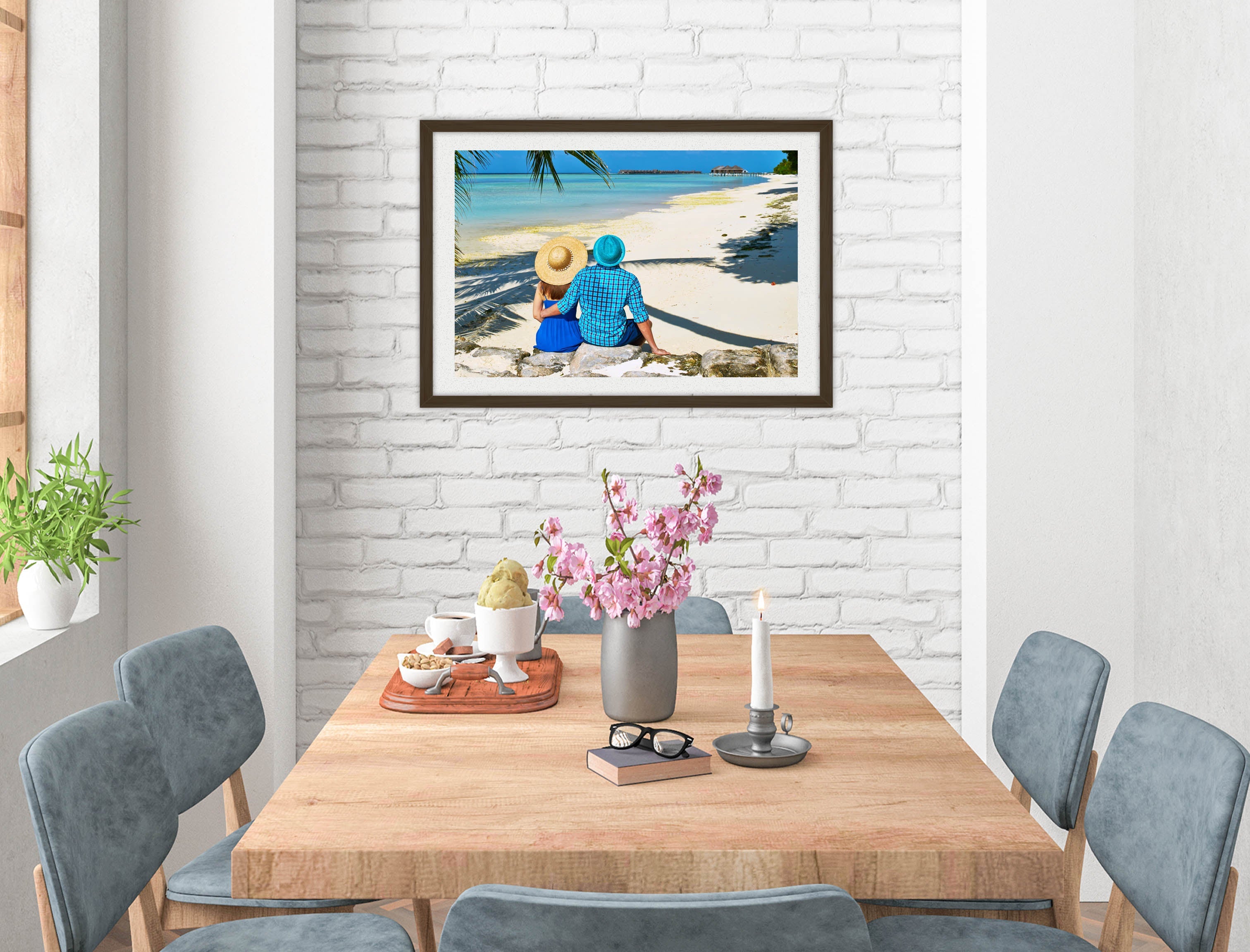Lovers on Tropical Beach  -Framed Photo - Black on Dining Room Room Wall