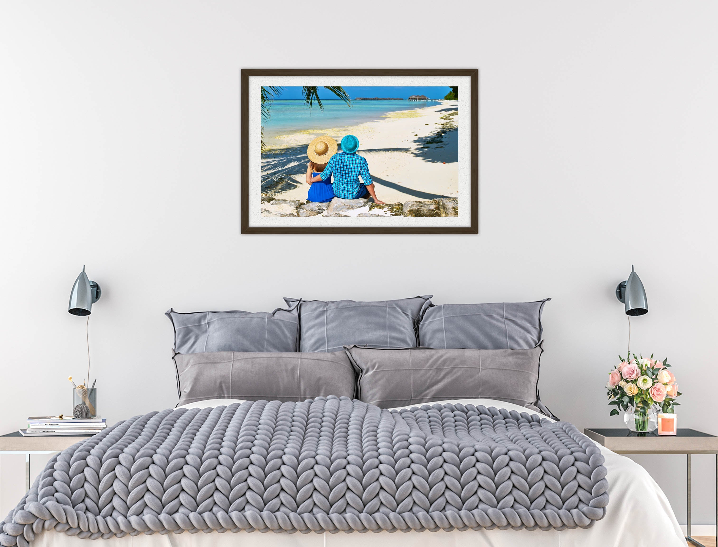 Lovers on Tropical Beach  -Framed Photo - Black Frame on Bedroom Wall