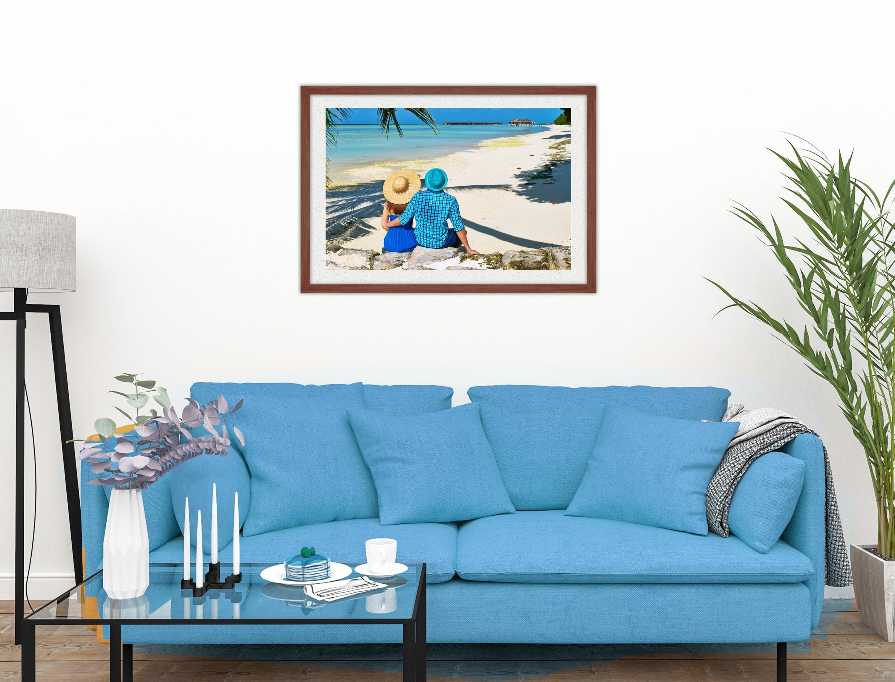 Lovers on Tropical Beach  -Framed Photo - Mahogany on Living Room1 Wall-2