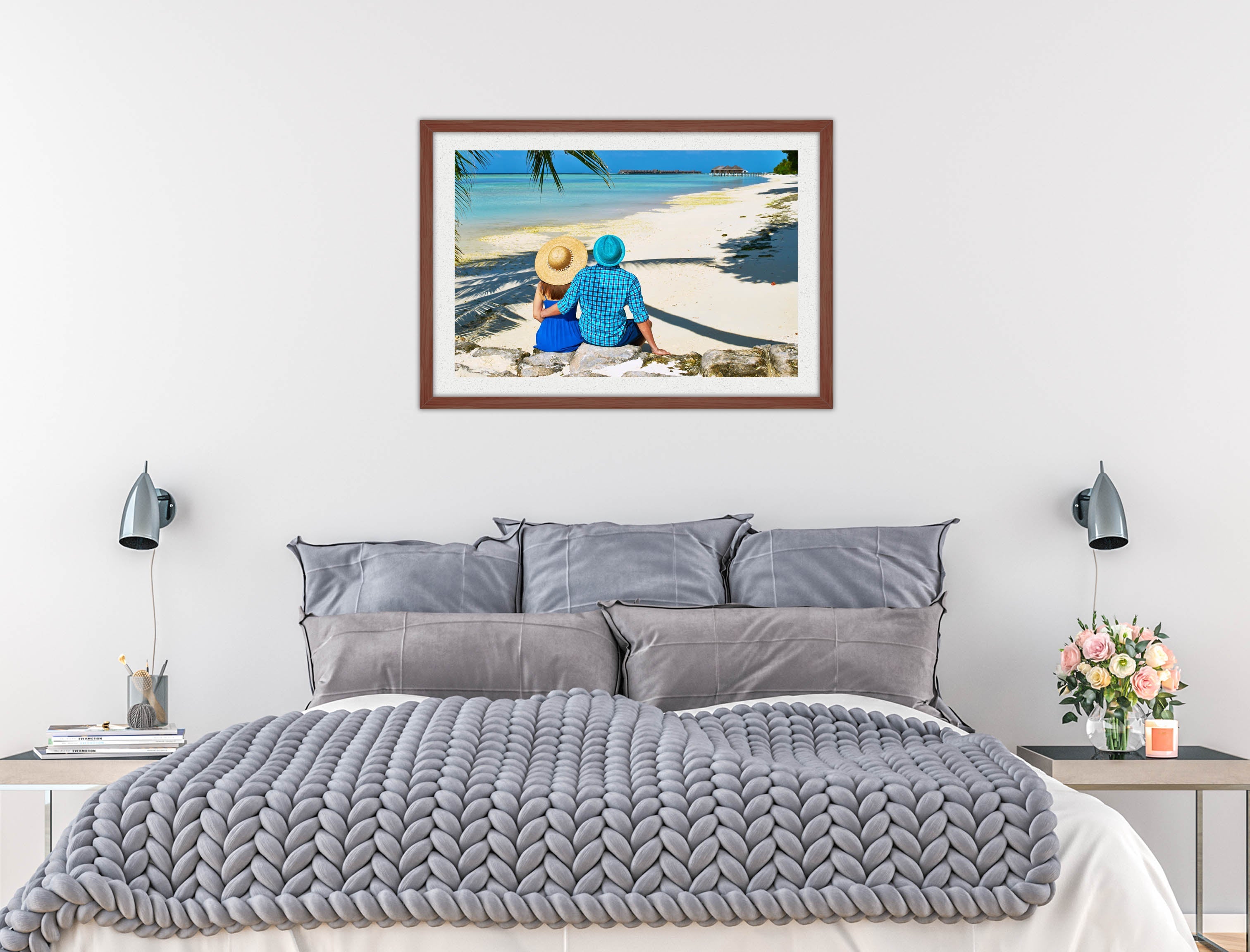 Lovers on Tropical Beach  -Framed Photo - Mahogany Frame on Bedroom Wall