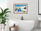 Lovers on Tropical Beach  -Framed Photo - Mahogany Frame on Bathroom Wall