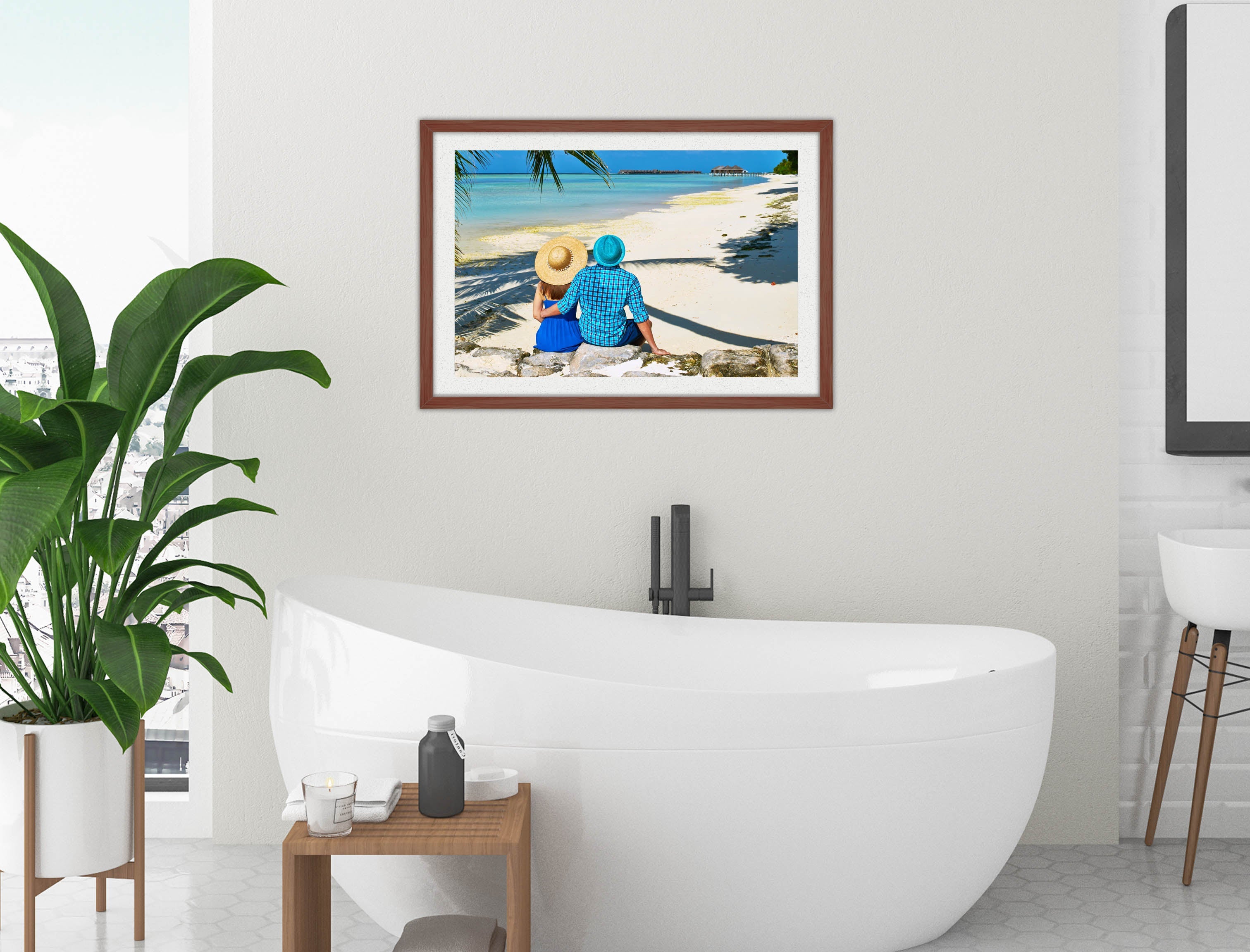 Lovers on Tropical Beach  -Framed Photo - Mahogany Frame on Bathroom Wall