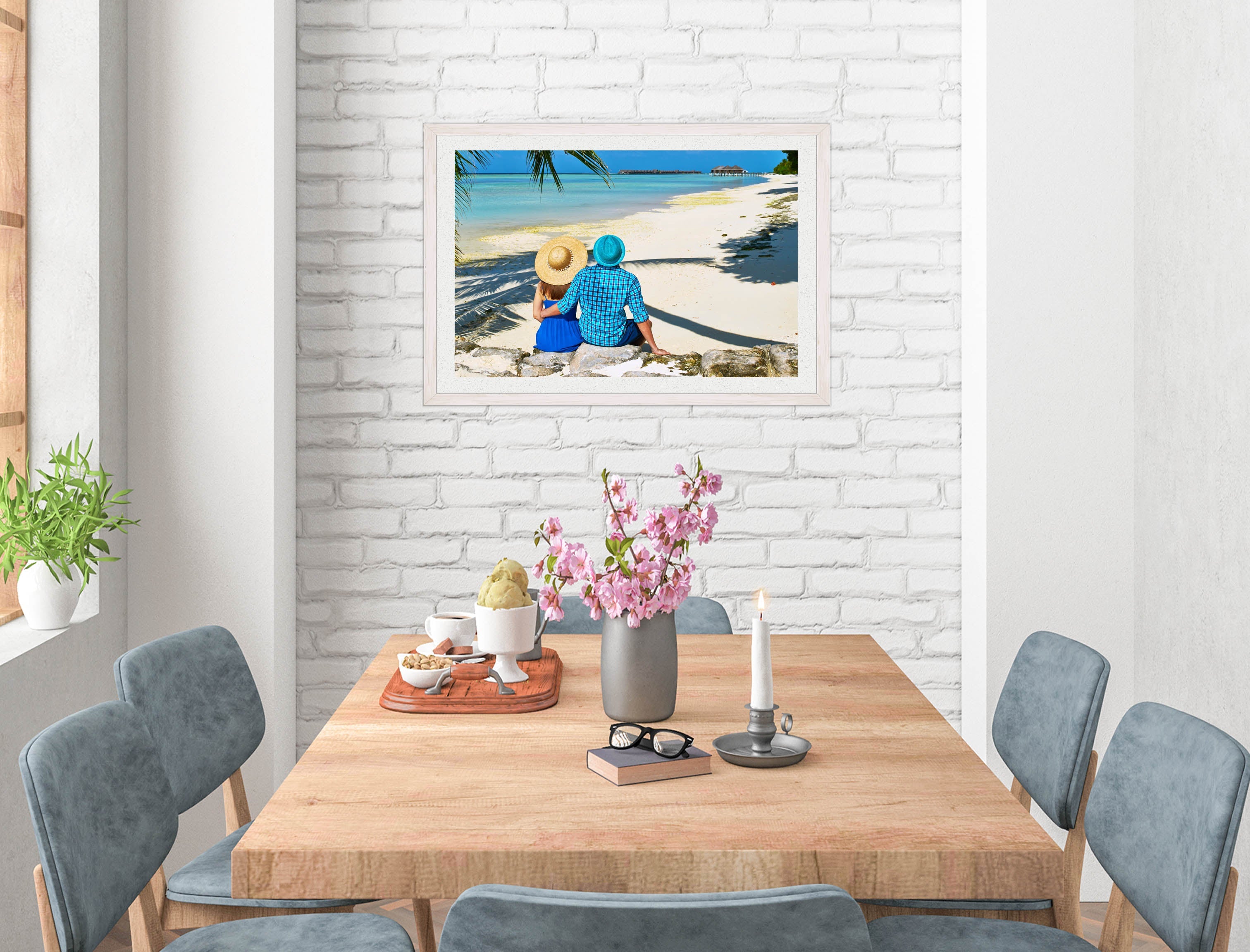 Lovers on Tropical Beach  -Framed Photo - White on Dining Room Room Wall