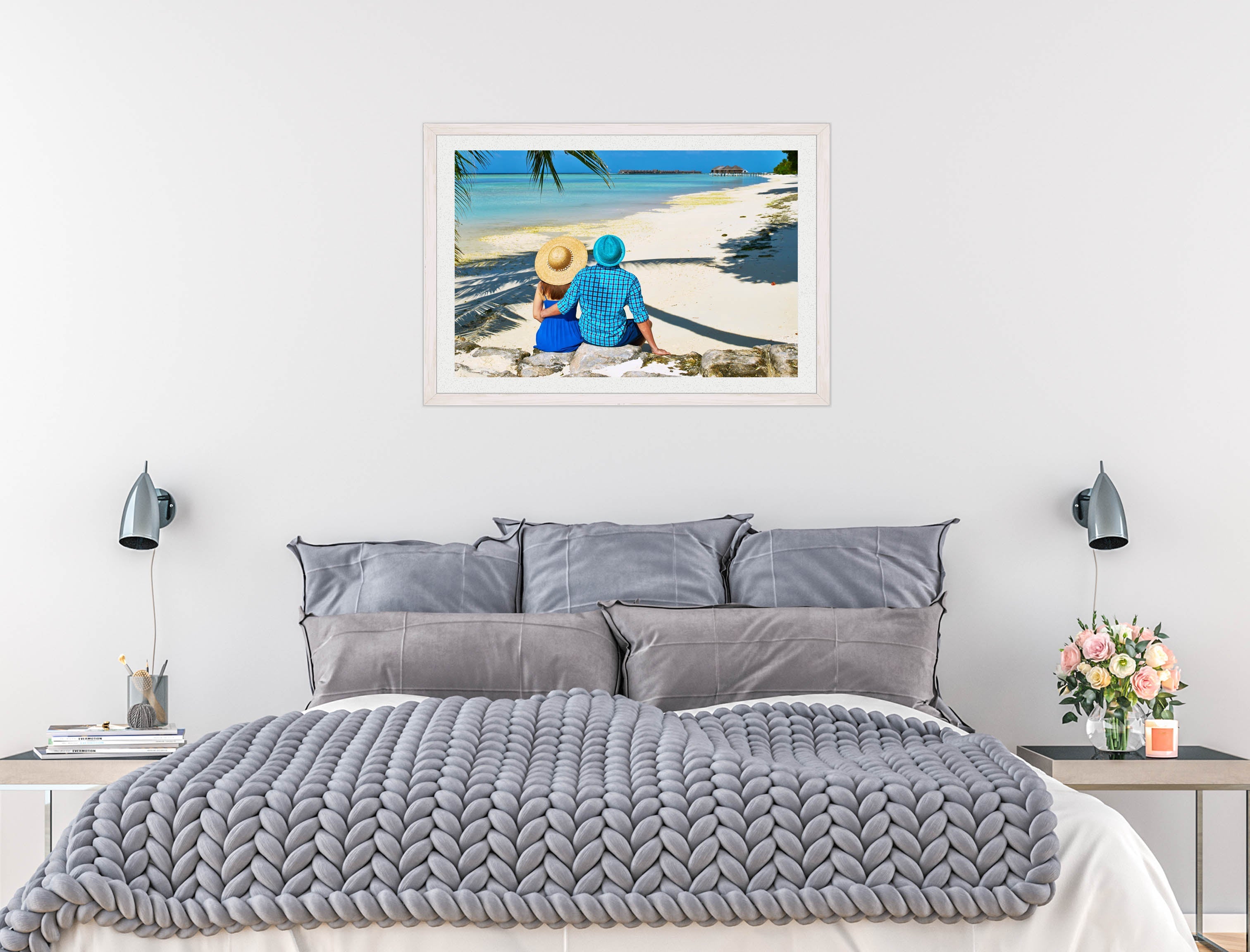 Lovers on Tropical Beach  -Framed Photo - White on Bedroom Wall