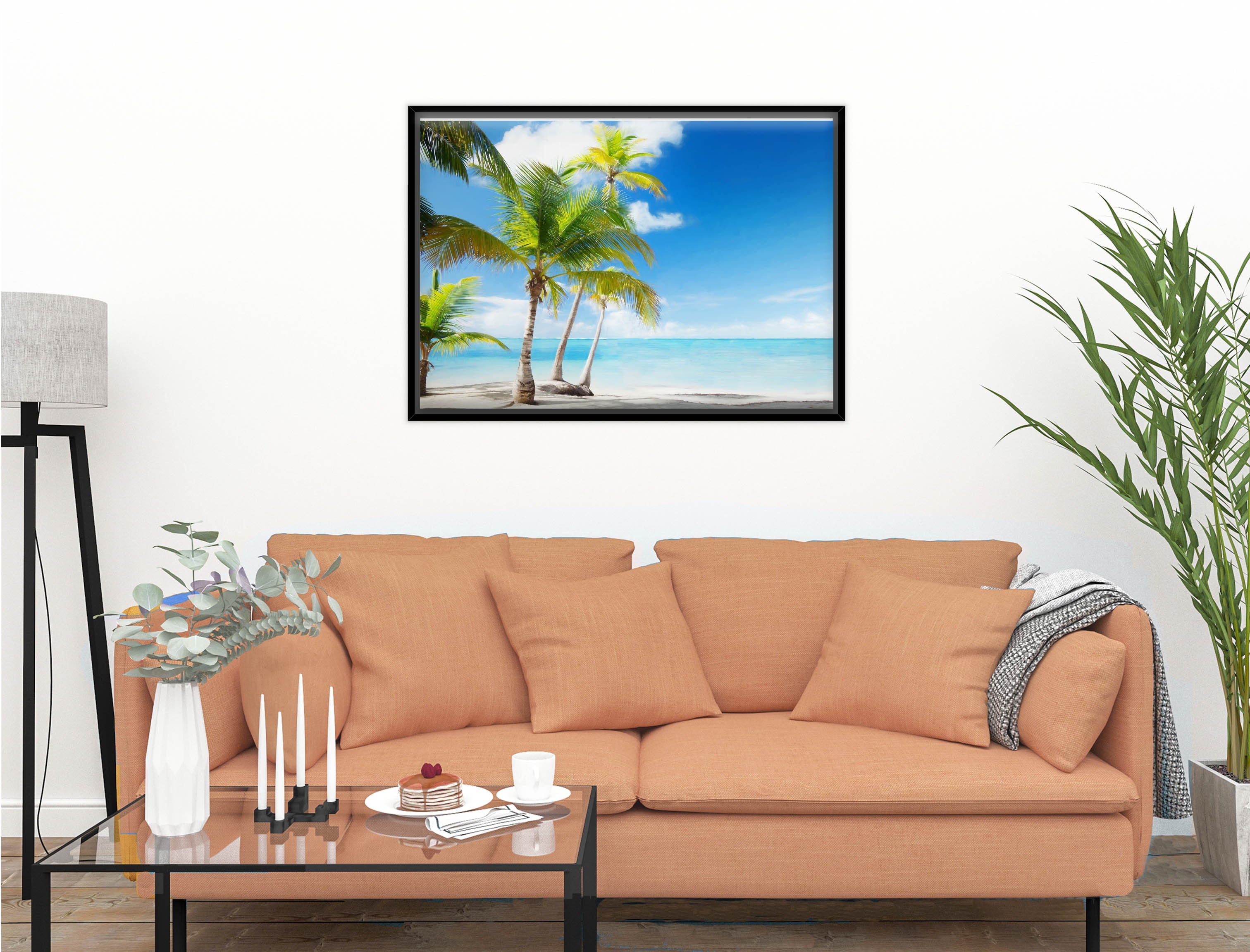 Tropical Beach & Palm Trees  -Canvas Wrap - Black Frame on Living Room Wall-1
