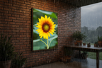 Orange-Yellow Sunflower on Brick Patio Wall in Rain