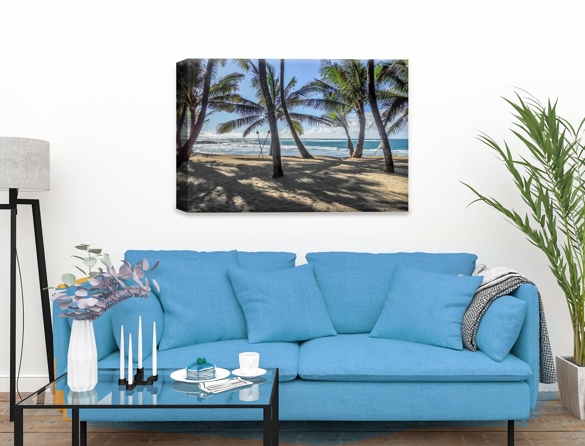 Grace Bay - Sand, Palms & Ocean -Canvas Wrap on Living Room Wall - Blue Sofa