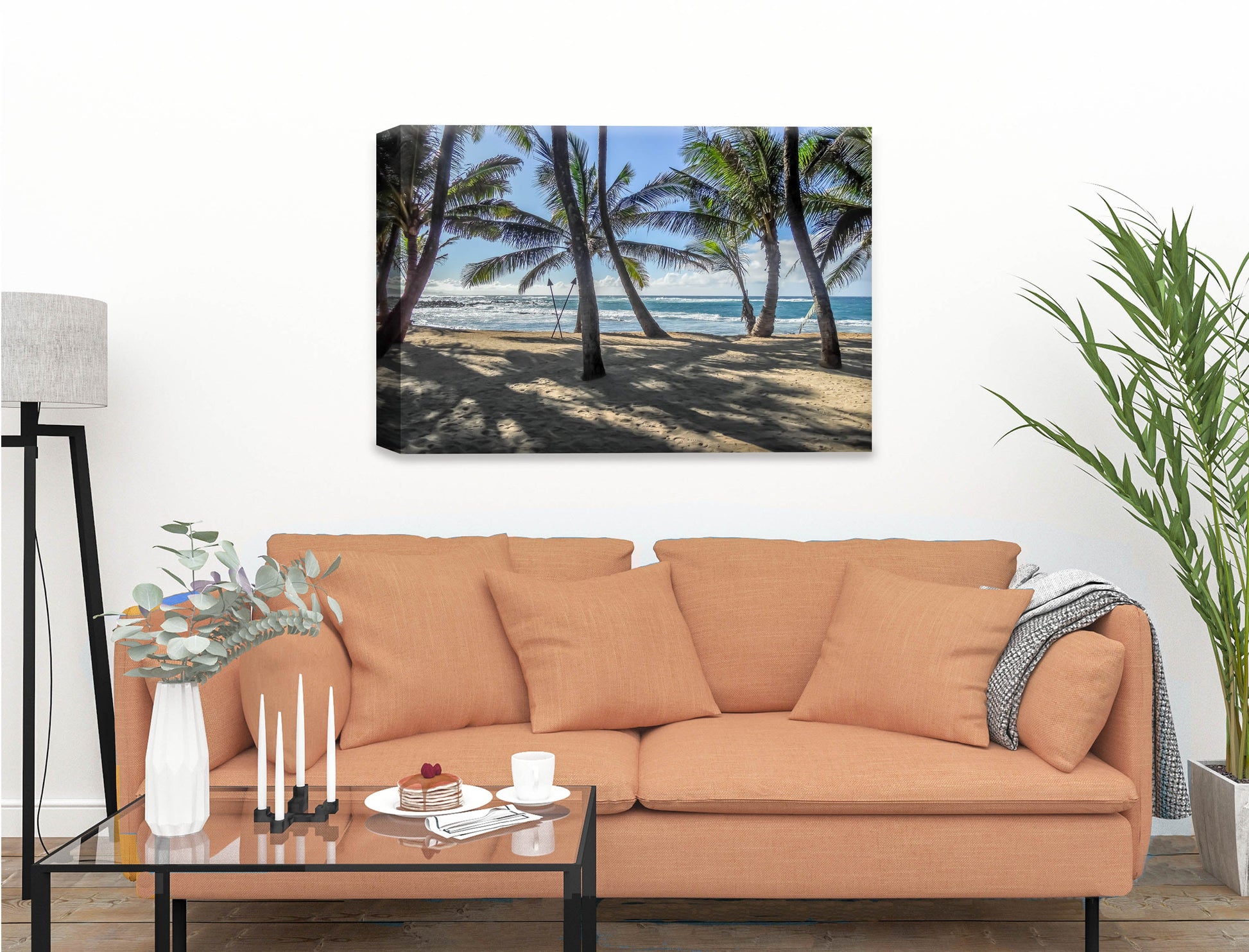 Palm  Tree Art Image hanging on Living Room wall with beige sofa.