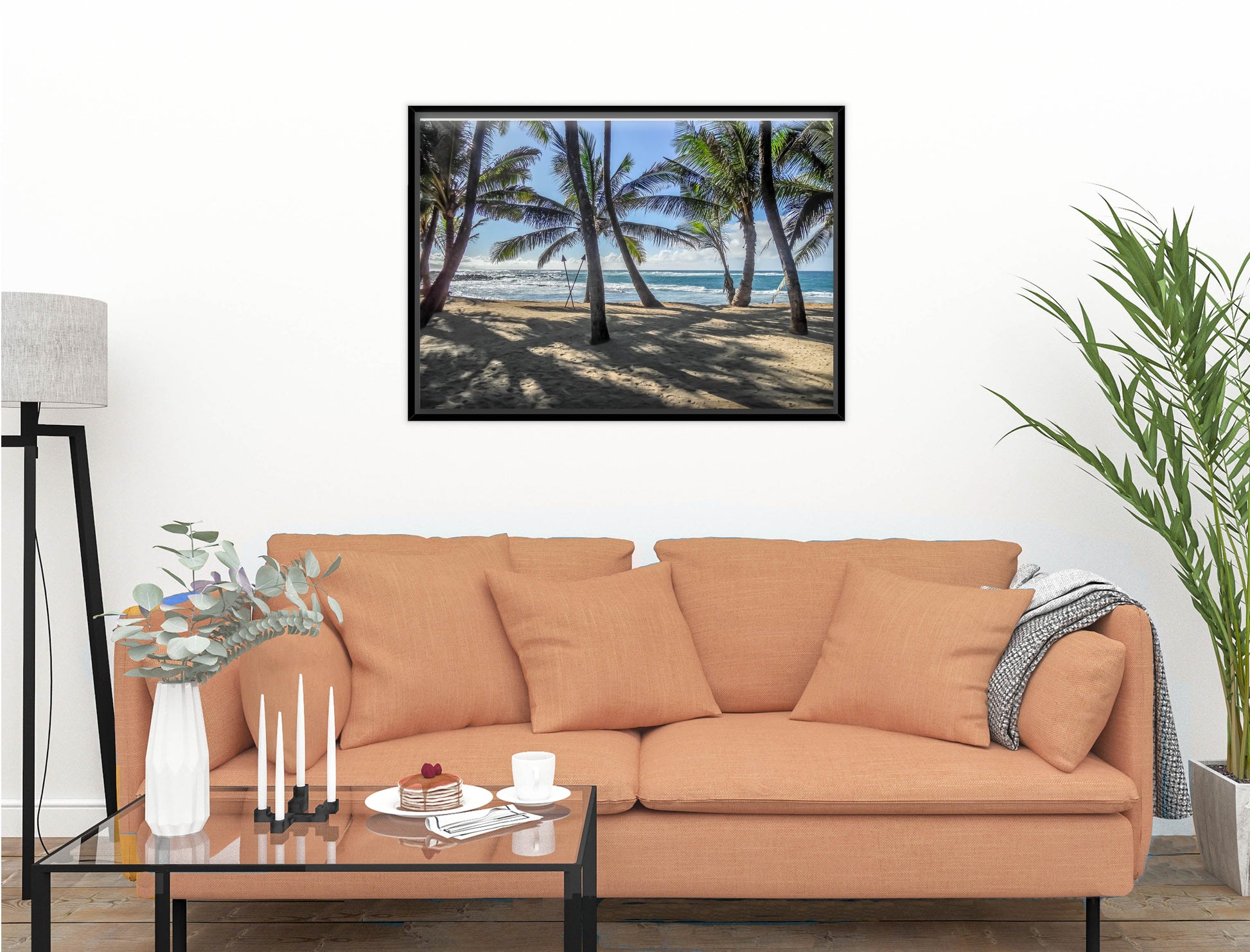 Grace Bay - Sand, Palms & Ocean -Canvas Wrap - Black Frame on Living Room Wall-1