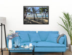 Palm Tree Art in Black Frame over Blue Sofa
