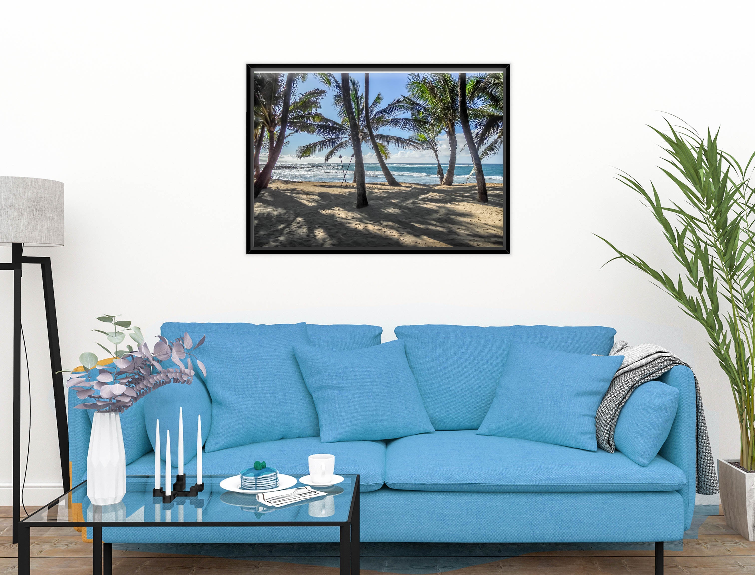 Palm Tree Art in Black Frame over Blue Sofa