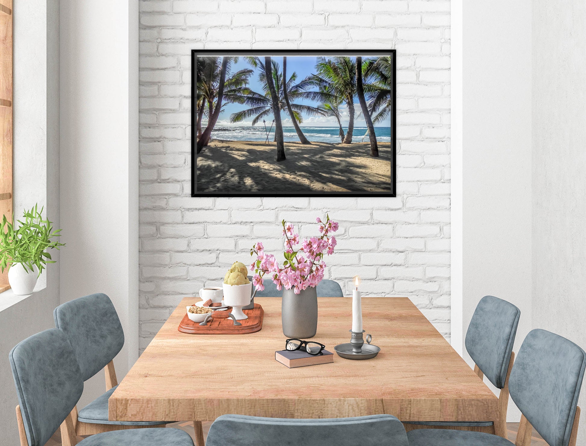 Grace Bay - Sand, Palms & Ocean -Canvas Wrap - Black Frame on Dining Room Room Wall