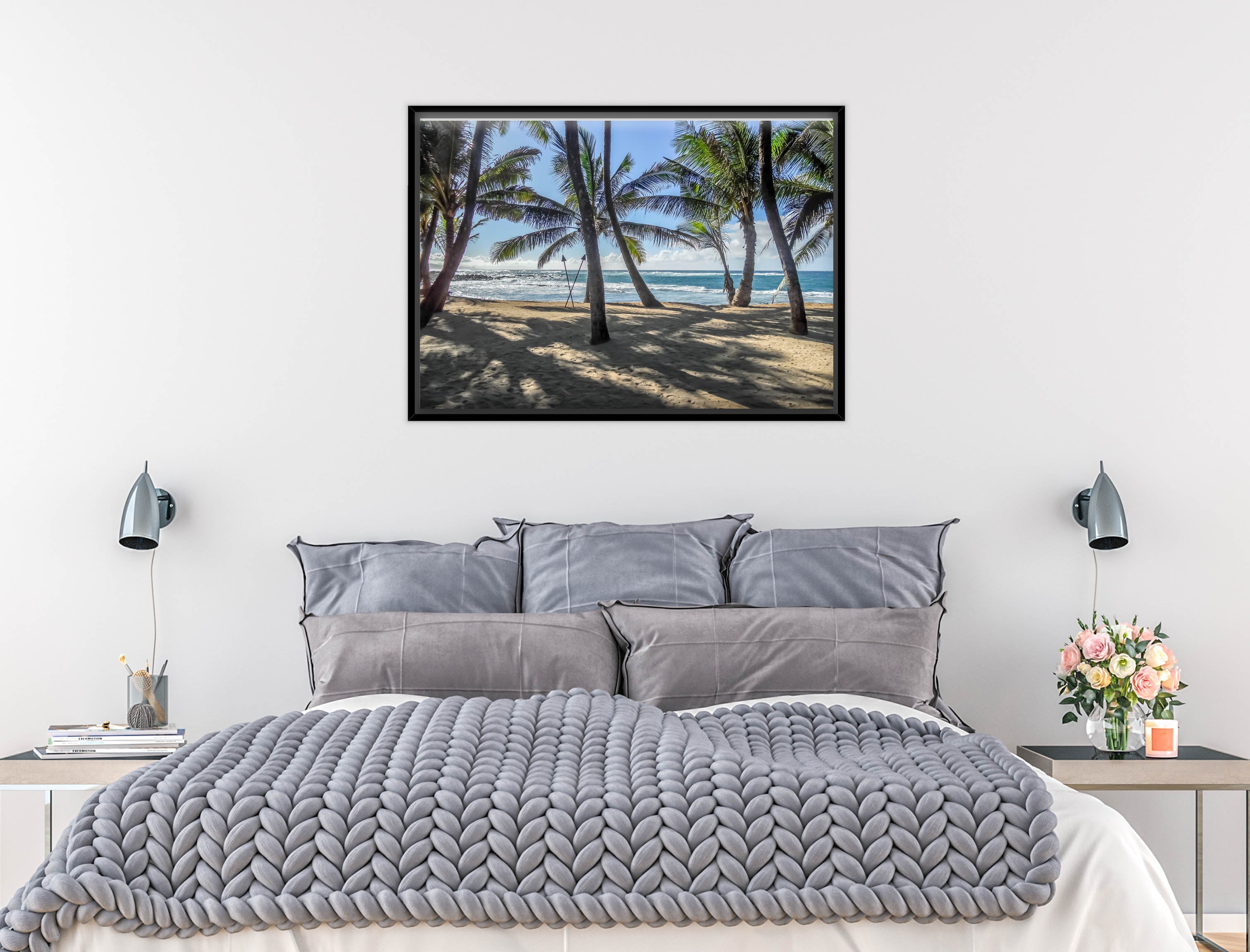 Palm Tree Art in Black Frame over a bed