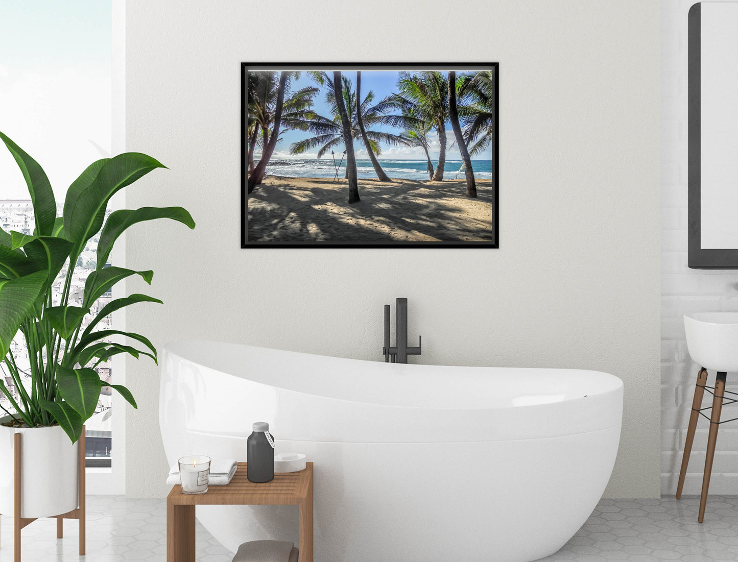 Grace Bay - Sand, Palms & Ocean -Canvas Wrap - Black Frame on Bathroom Wall