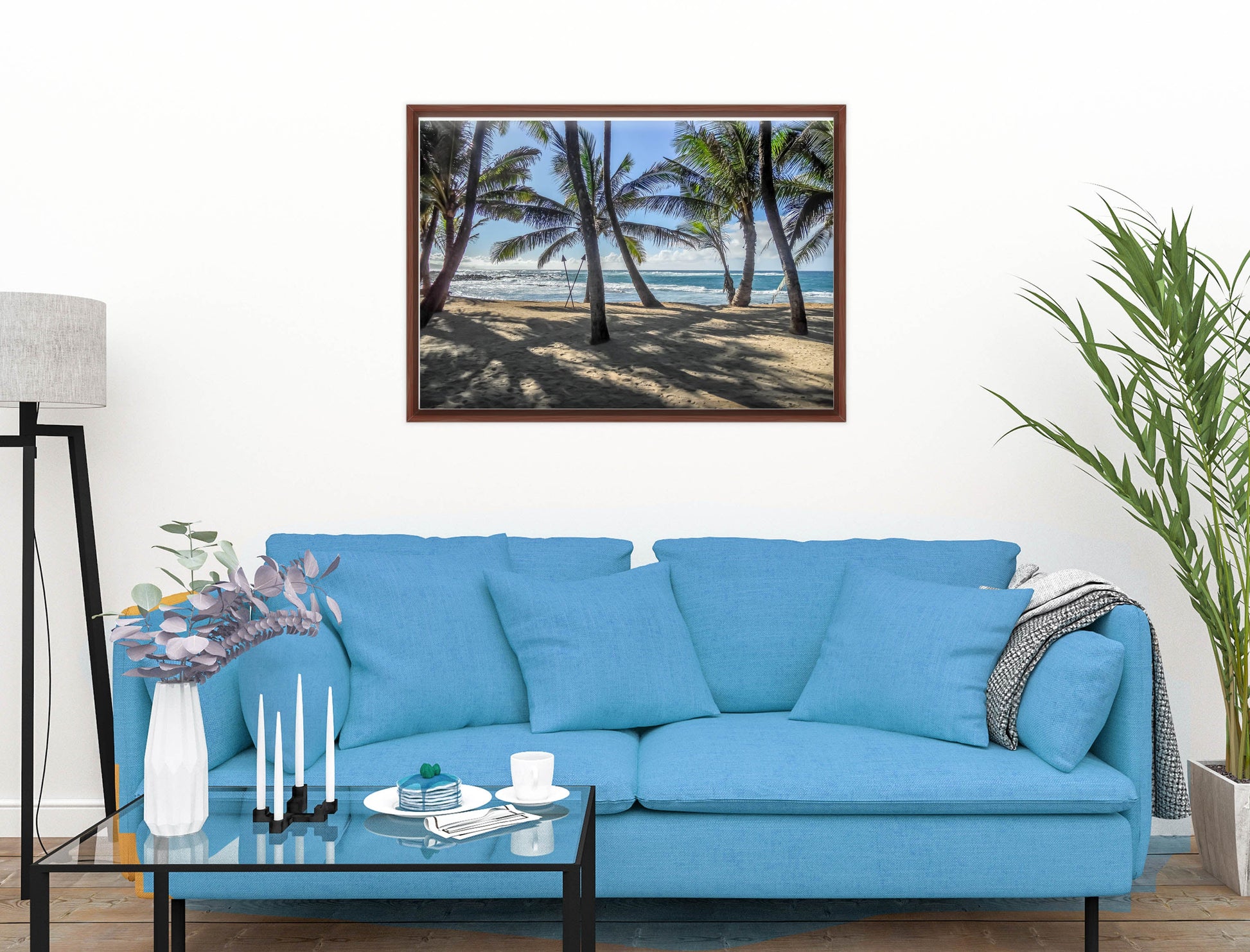 Grace Bay - Sand, Palms & Ocean -Canvas Wrap - Mahogany Frame on Living Room Wall-2