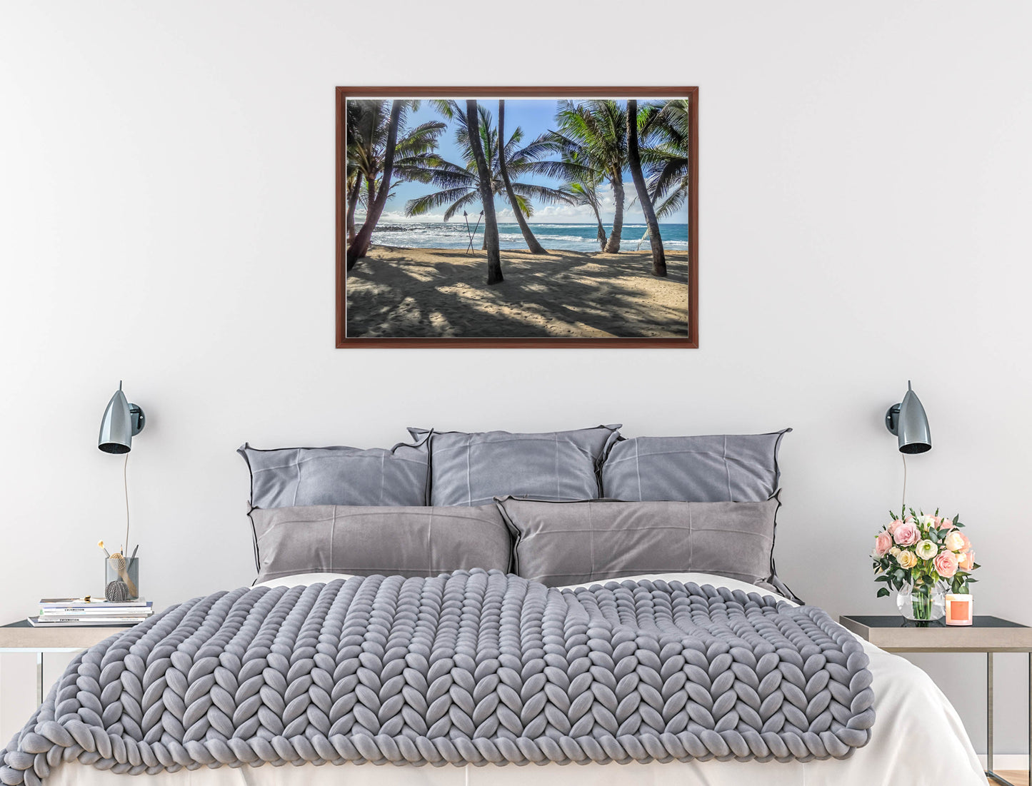 Grace Bay - Sand, Palms & Ocean -Canvas Wrap - Mahogany Frame on Bedroom Wall