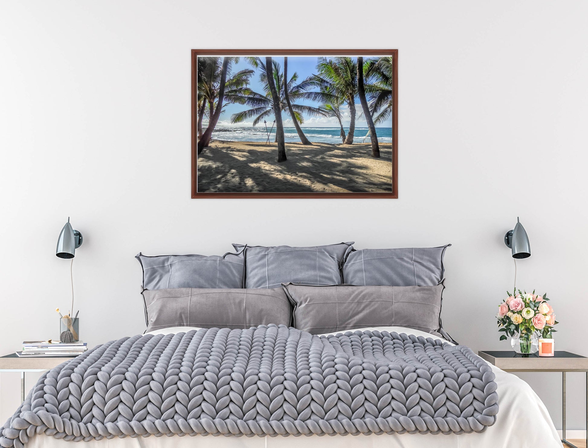 Grace Bay - Sand, Palms & Ocean -Canvas Wrap - Mahogany Frame on Bedroom Wall