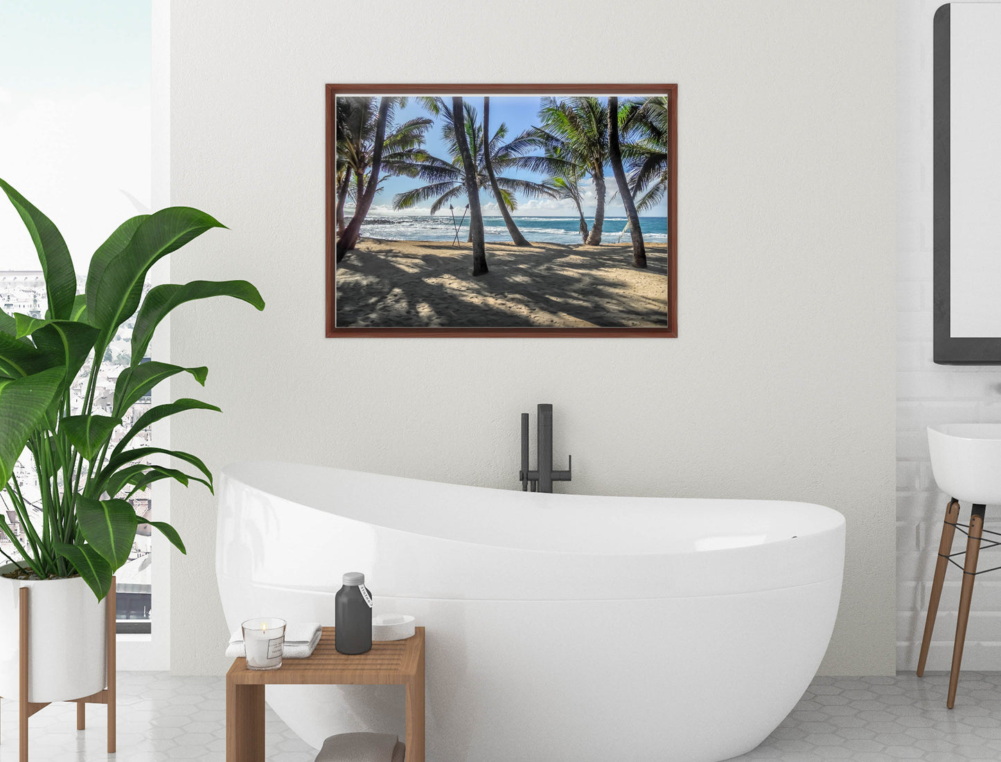 Grace Bay - Sand, Palms & Ocean -Canvas Wrap - Mahogany Frame on Bathroom Wall