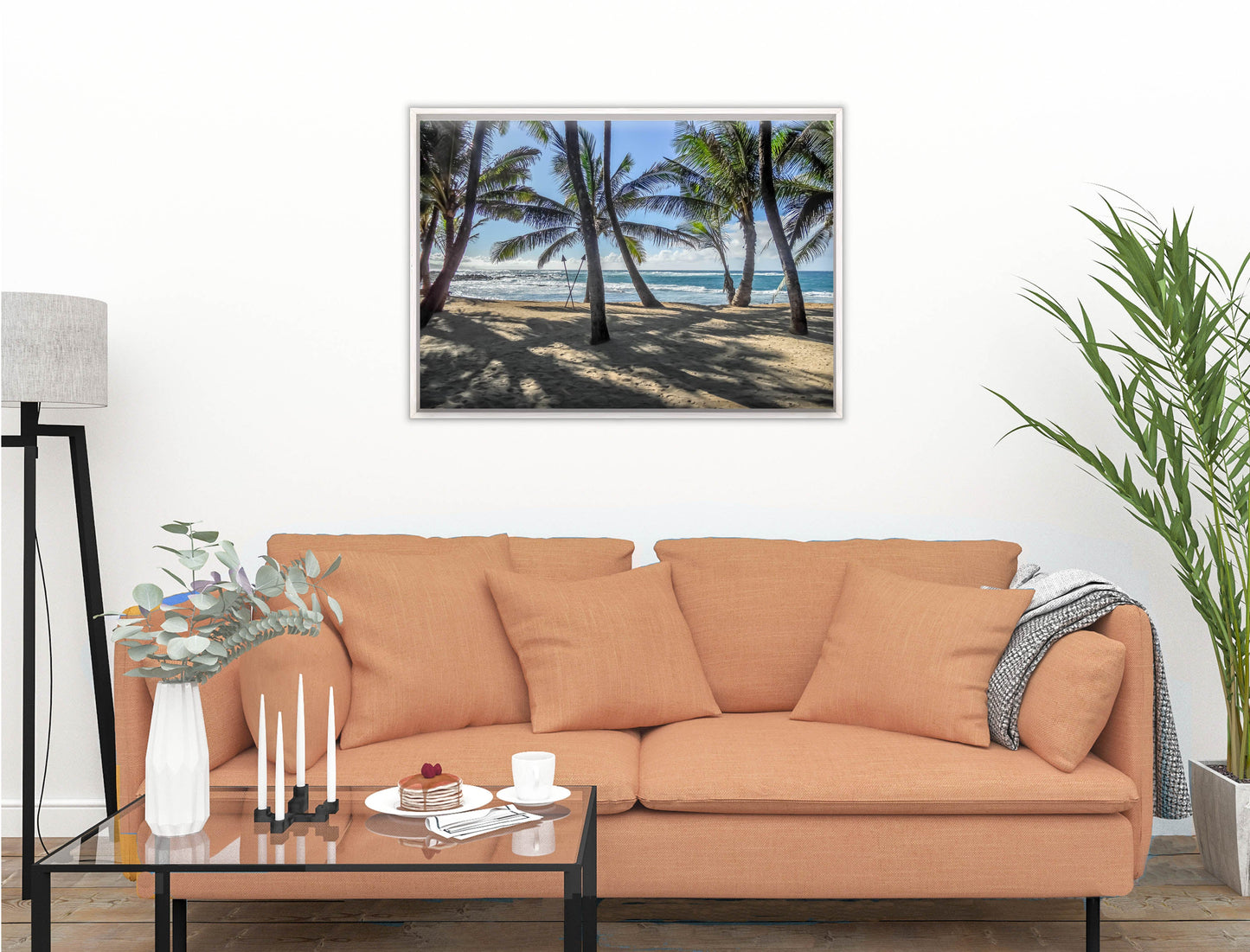 Grace Bay - Sand, Palms & Ocean -Canvas Wrap - White Frame on Living Room Wall-1