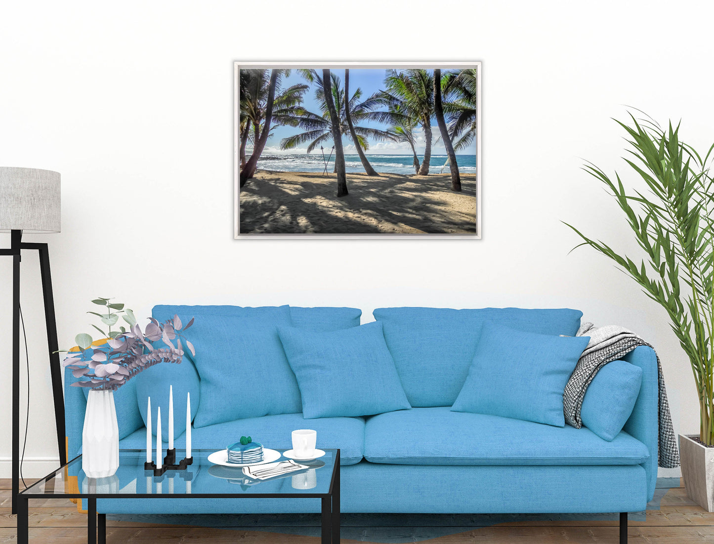 Grace Bay - Sand, Palms & Ocean -Canvas Wrap - White Frame on Living Room Wall-2