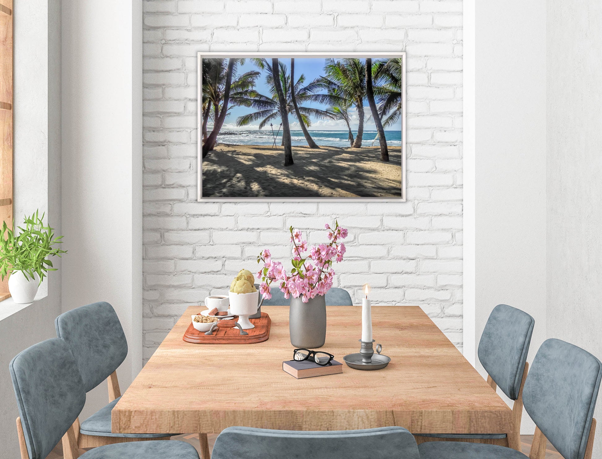 Grace Bay - Sand, Palms & Ocean -Canvas Wrap - White Frame on Dining Room Room Wall