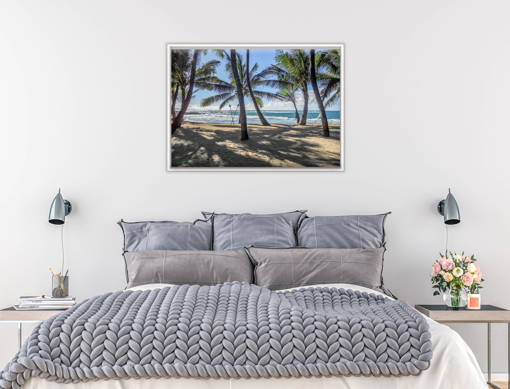 Grace Bay - Sand, Palms & Ocean -Canvas Wrap - White Frame on Bedroom Wall