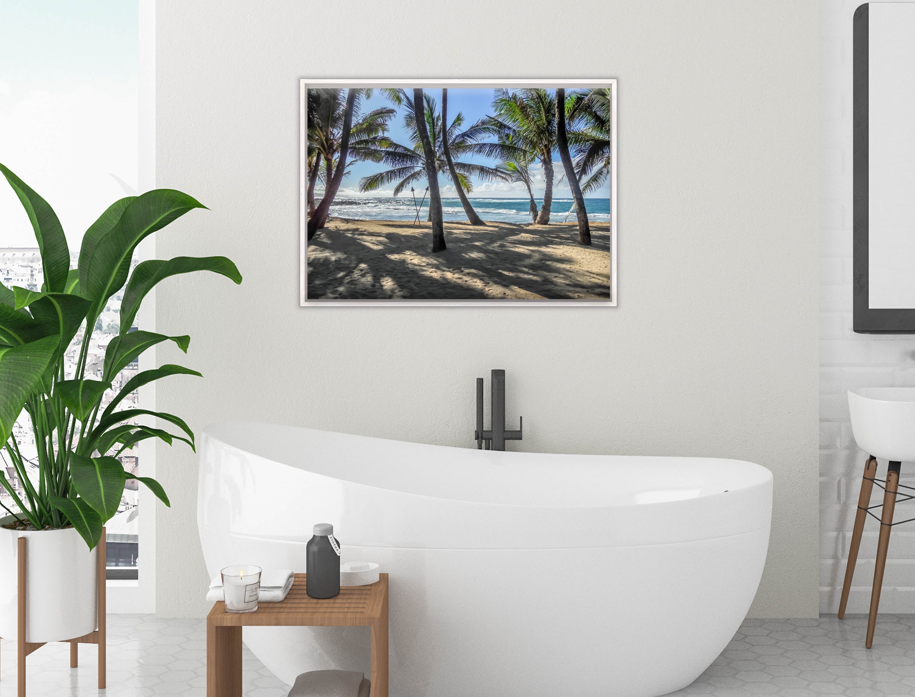 Palm Tree Art in White Frame hanging in bathroom 
