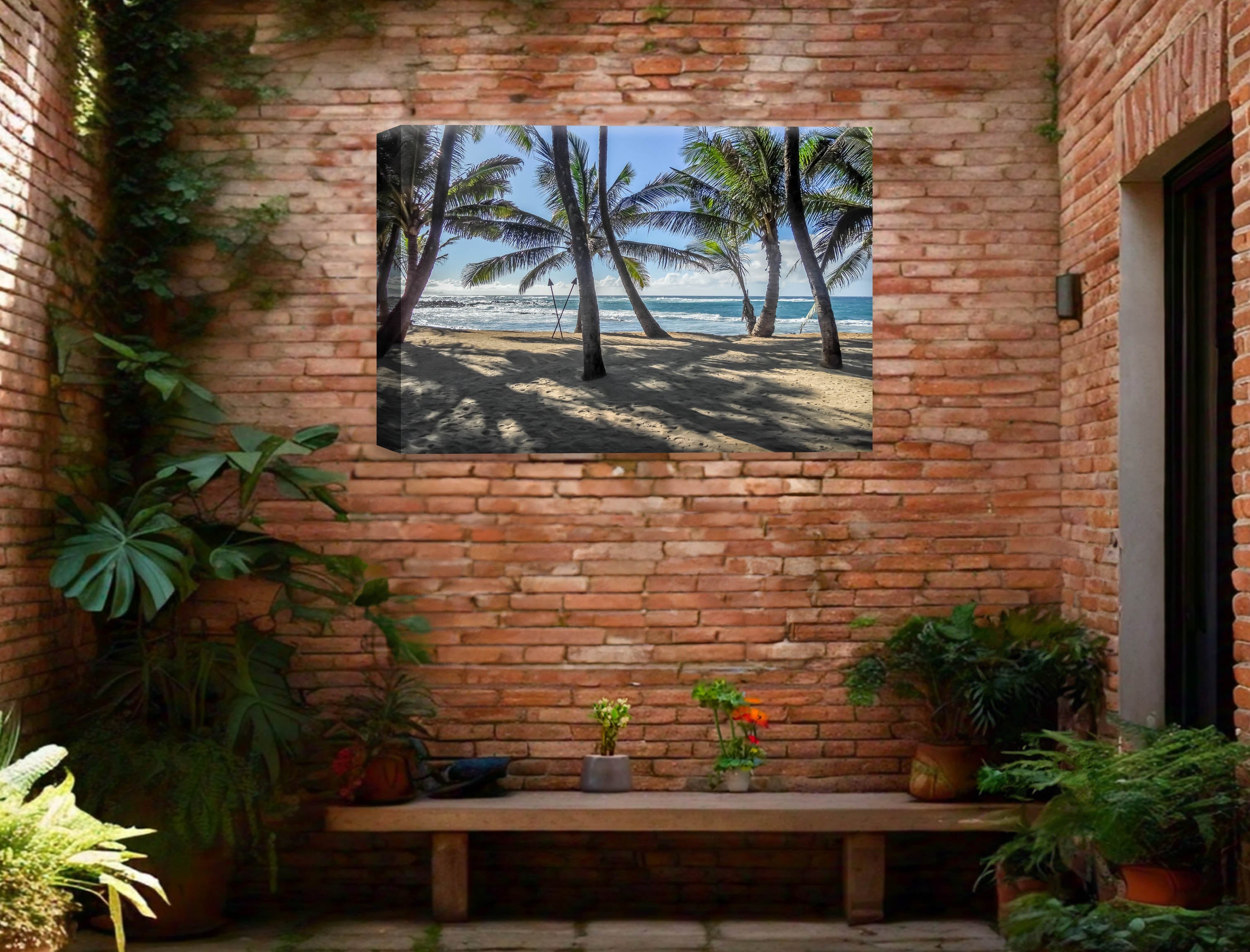 Palm Tree Art - Canvas wrap on brick wall
