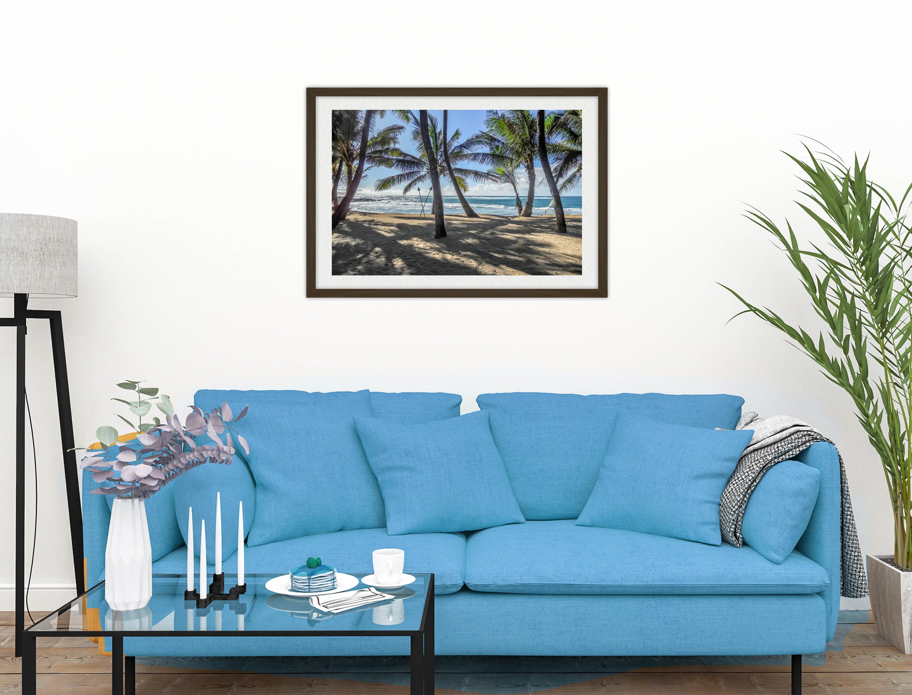 Palm Tree Art - Mounted on a black frame - hanging over blue sofa