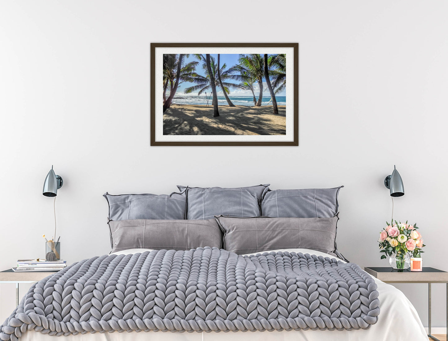 Grace Bay - Sand, Palms & Ocean -Framed Photo - Black Frame on Bedroom Wall