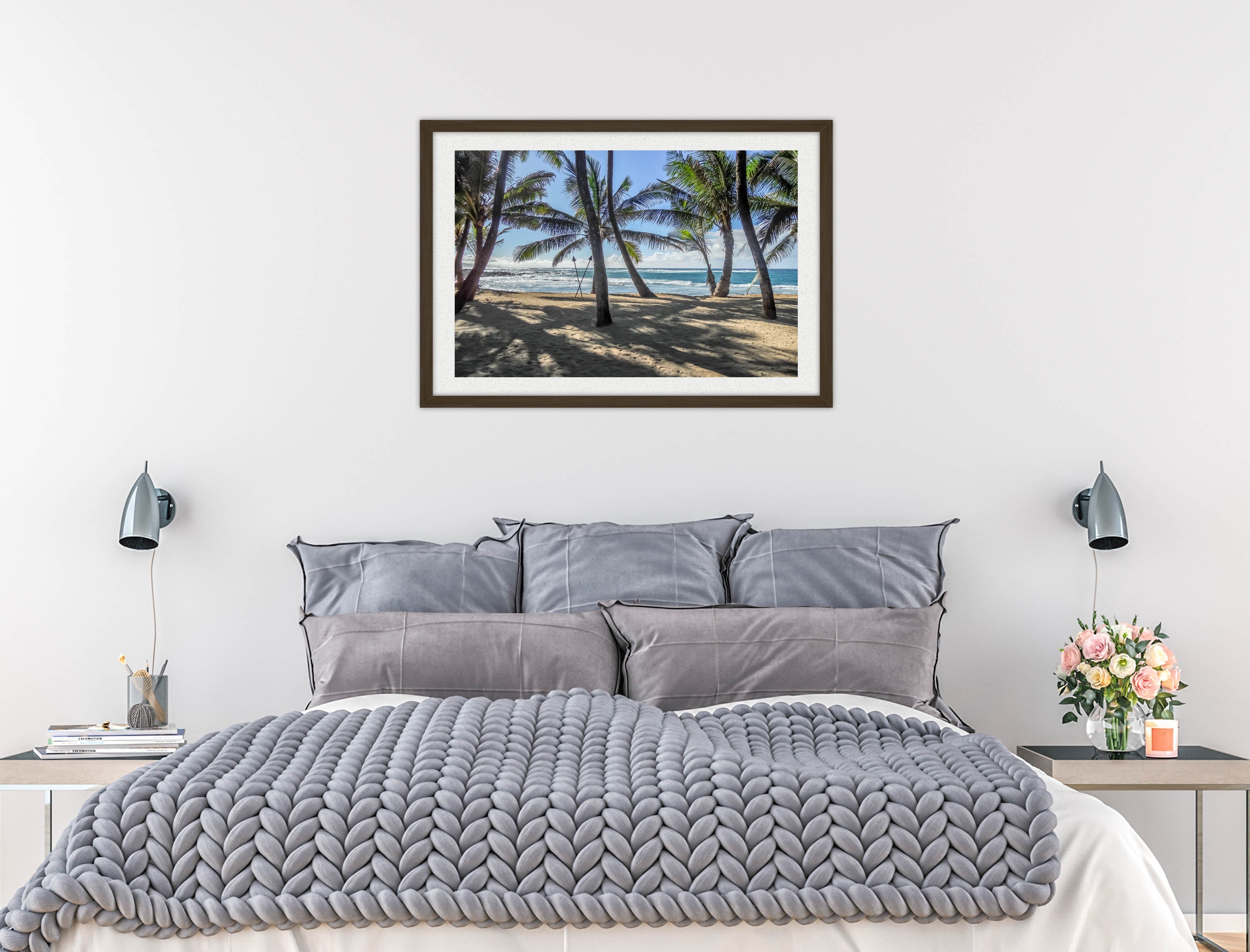 Palm Tree Art - Mounted on a black frame - hanging on a Bedroom wall